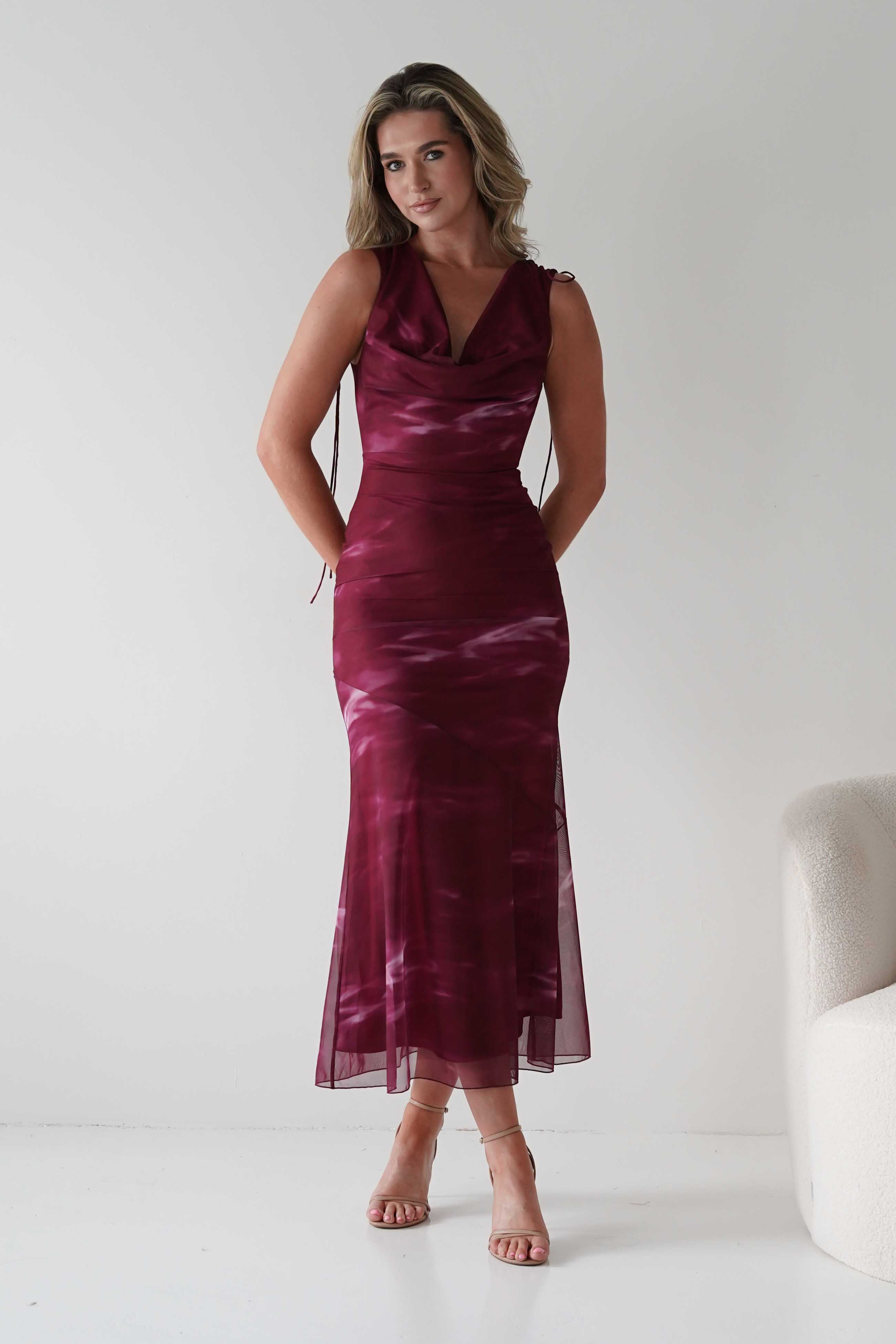 Factory Wedding Guest Dresses Drew Mesh Printed Maxi Dress | Wine Print