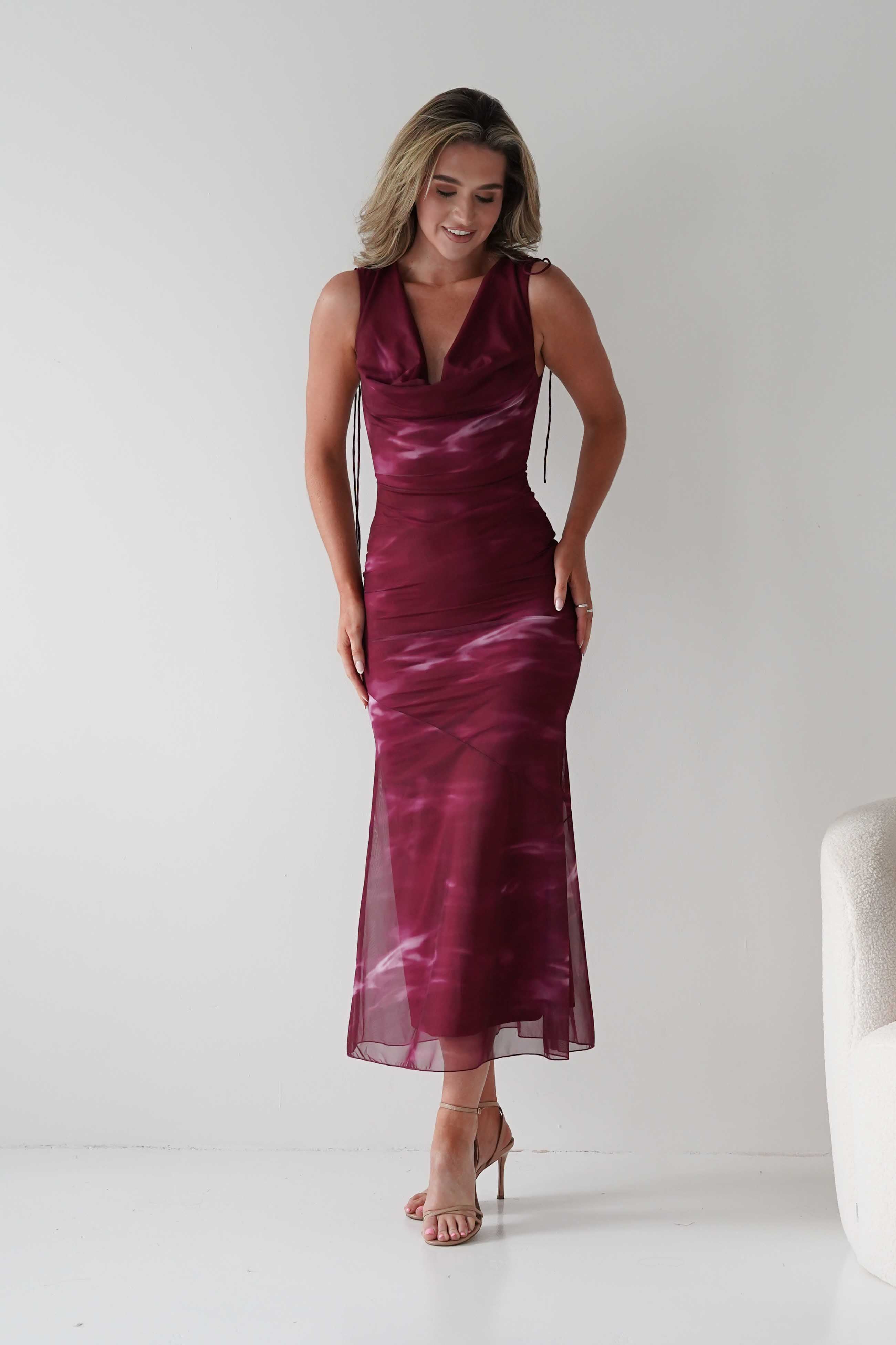 Factory Wedding Guest Dresses Drew Mesh Printed Maxi Dress | Wine Print