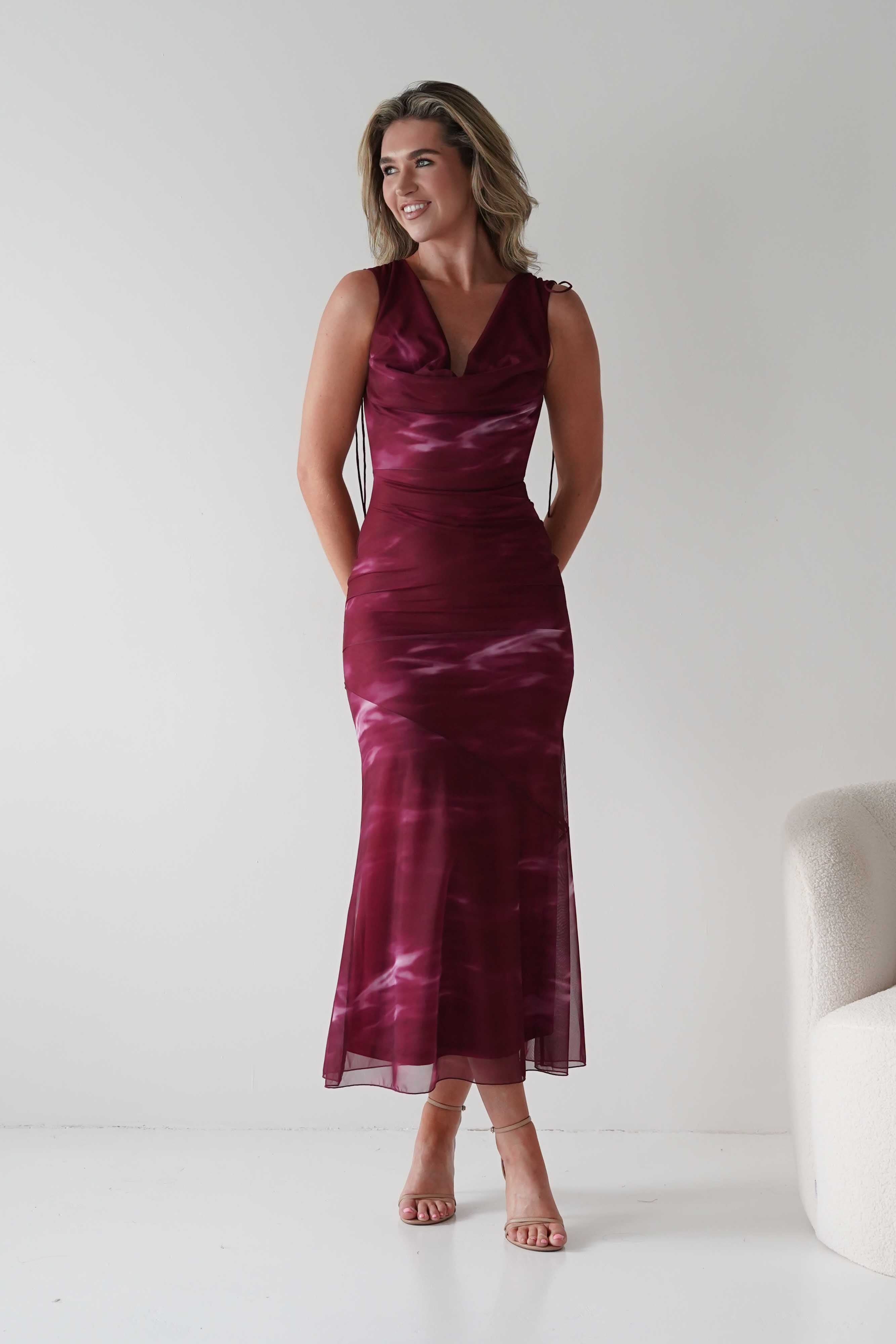 Factory Wedding Guest Dresses Drew Mesh Printed Maxi Dress | Wine Print