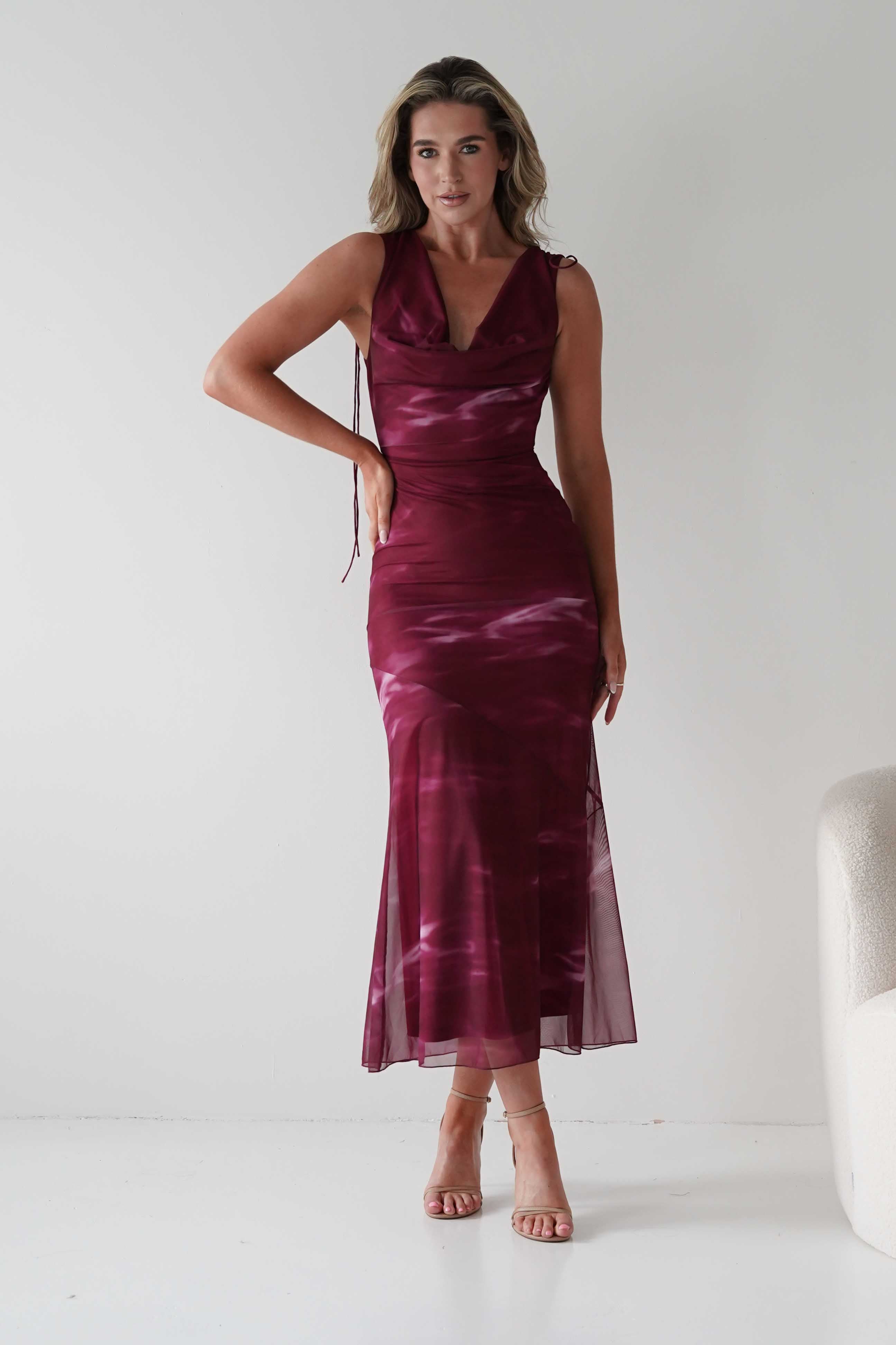 Factory Wedding Guest Dresses Drew Mesh Printed Maxi Dress | Wine Print