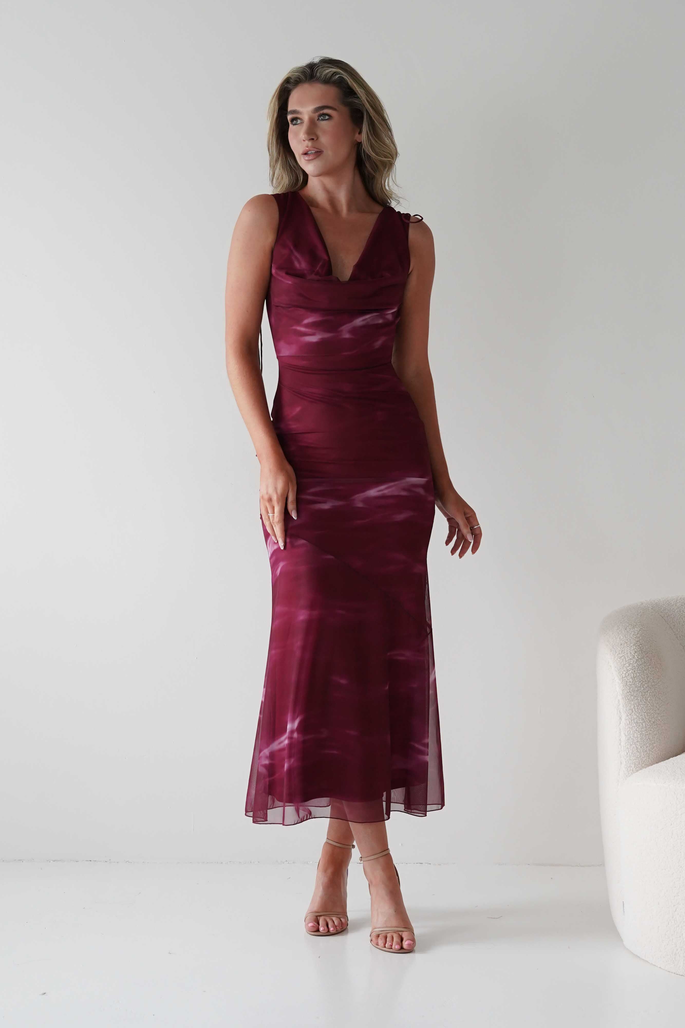 Factory Wedding Guest Dresses Drew Mesh Printed Maxi Dress | Wine Print