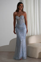 Elyse Glitter Strapless Gown | Light Blue/Silver - Oh Hello Clothing
