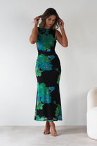 SASHA Wedding Guest Dresses Elysia Bodycon Mesh Maxi Dress | Black/Green