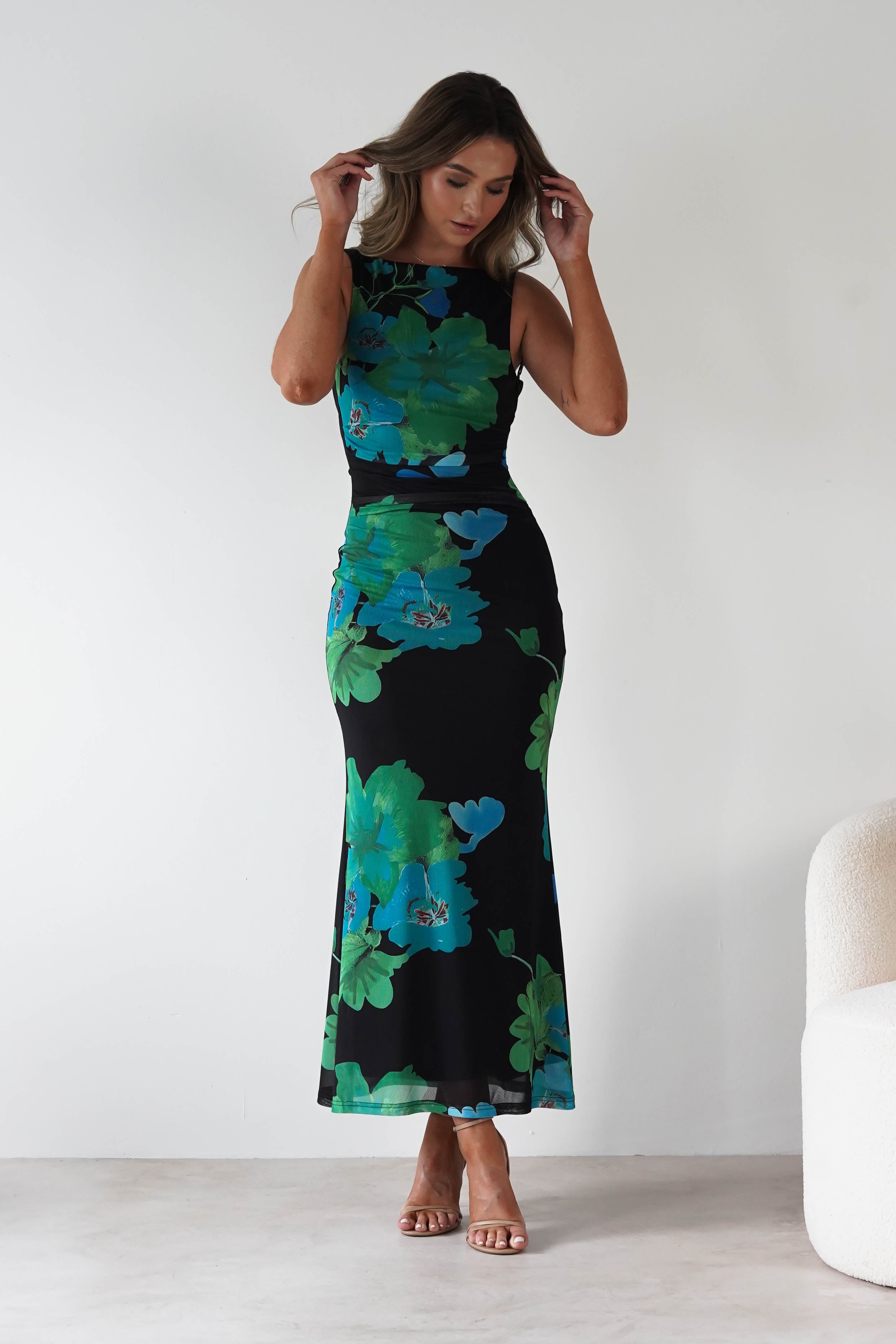 SASHA Wedding Guest Dresses Elysia Bodycon Mesh Maxi Dress | Black/Green