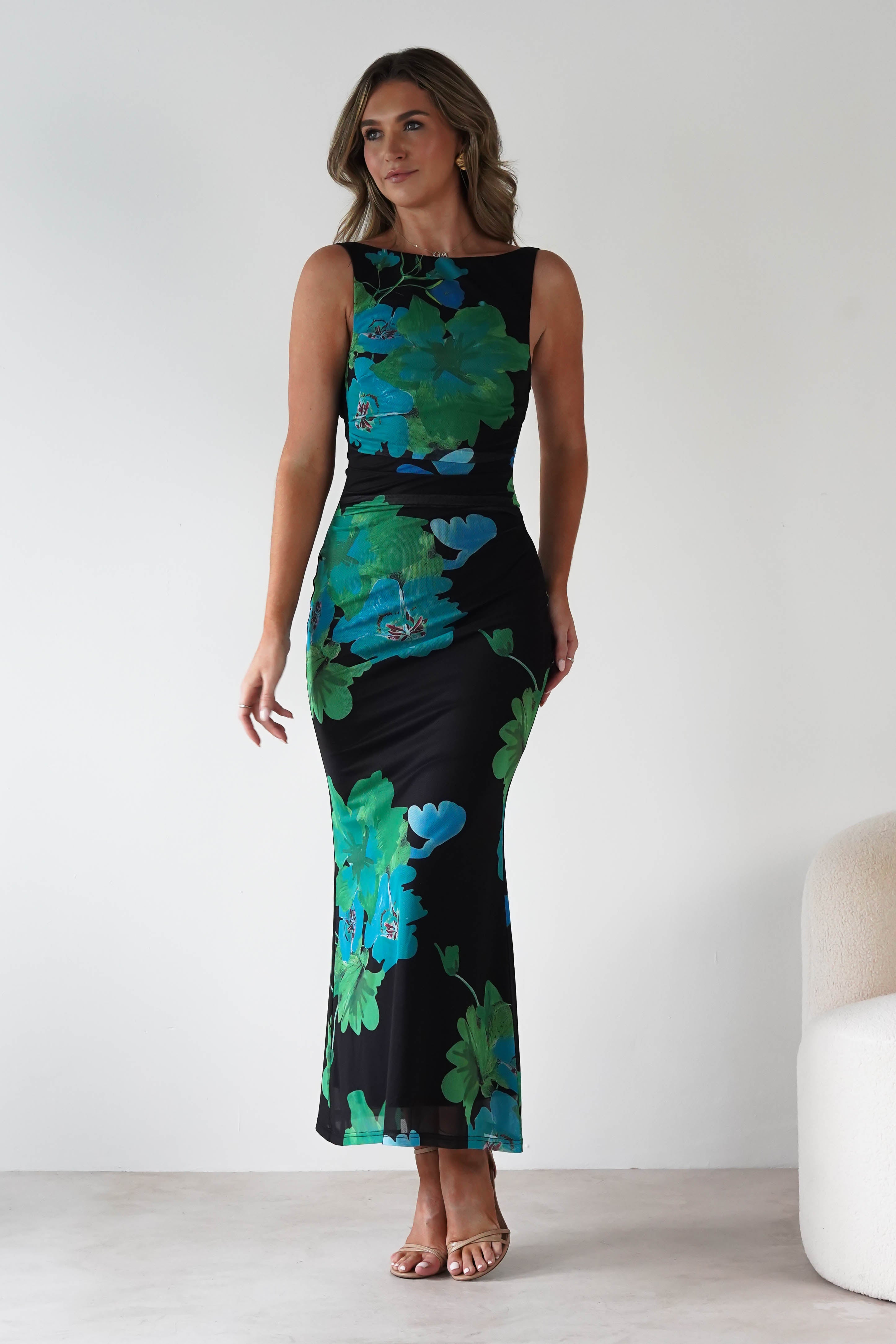 SASHA Wedding Guest Dresses Elysia Bodycon Mesh Maxi Dress | Black/Green