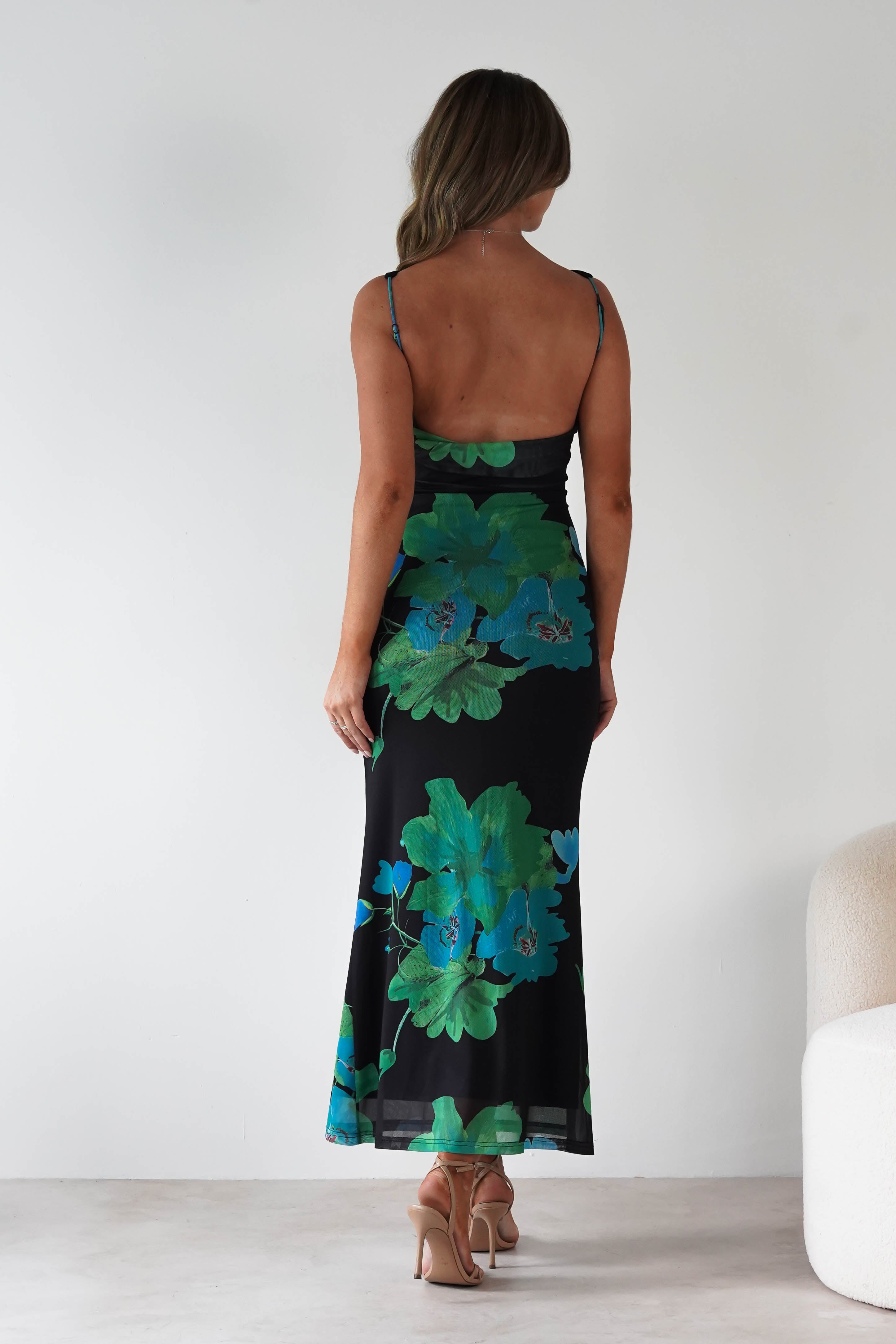 SASHA Wedding Guest Dresses Elysia Bodycon Mesh Maxi Dress | Black/Green