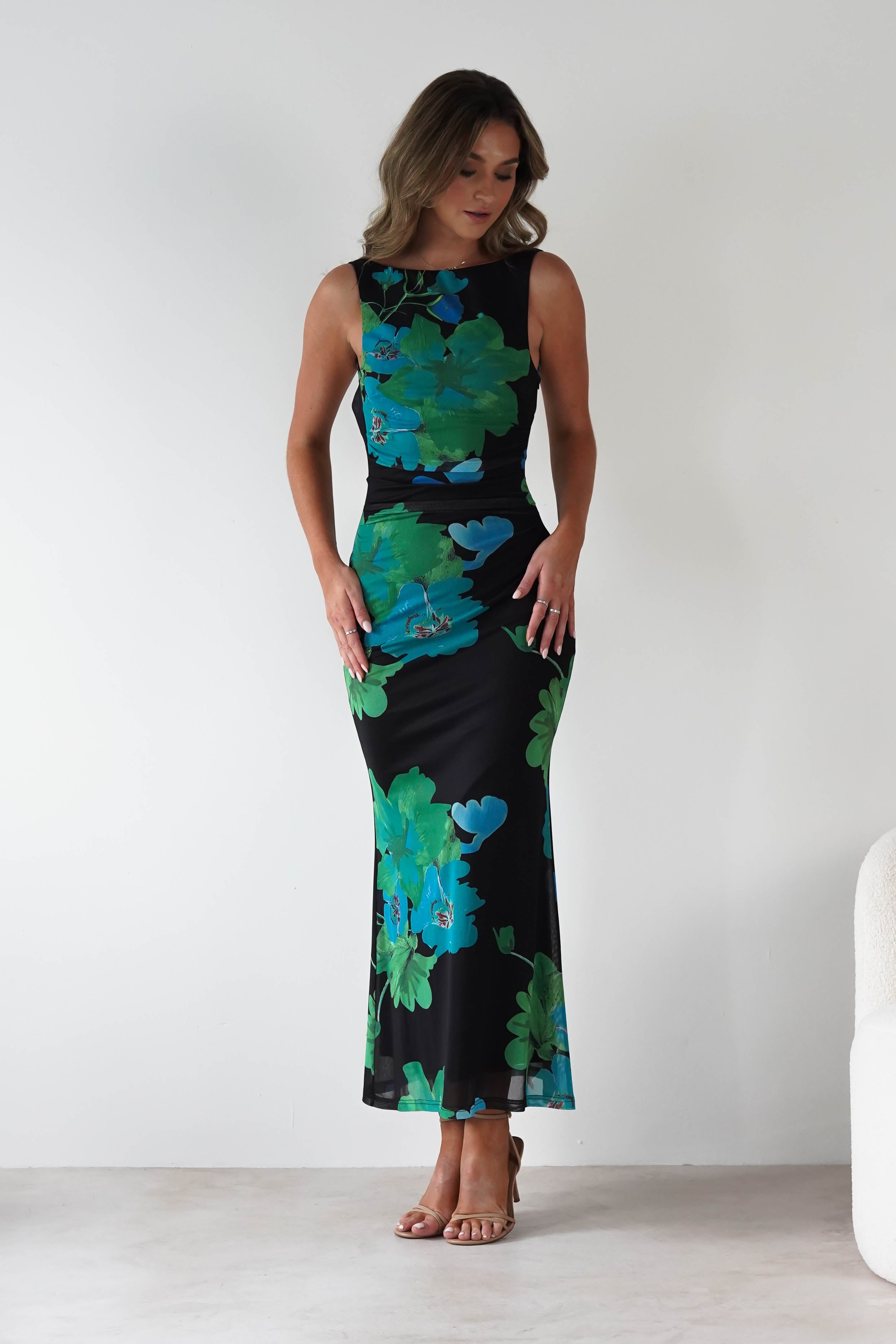 SASHA Wedding Guest Dresses Elysia Bodycon Mesh Maxi Dress | Black/Green