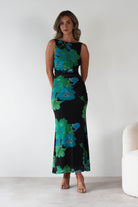 SASHA Wedding Guest Dresses Elysia Bodycon Mesh Maxi Dress | Black/Green