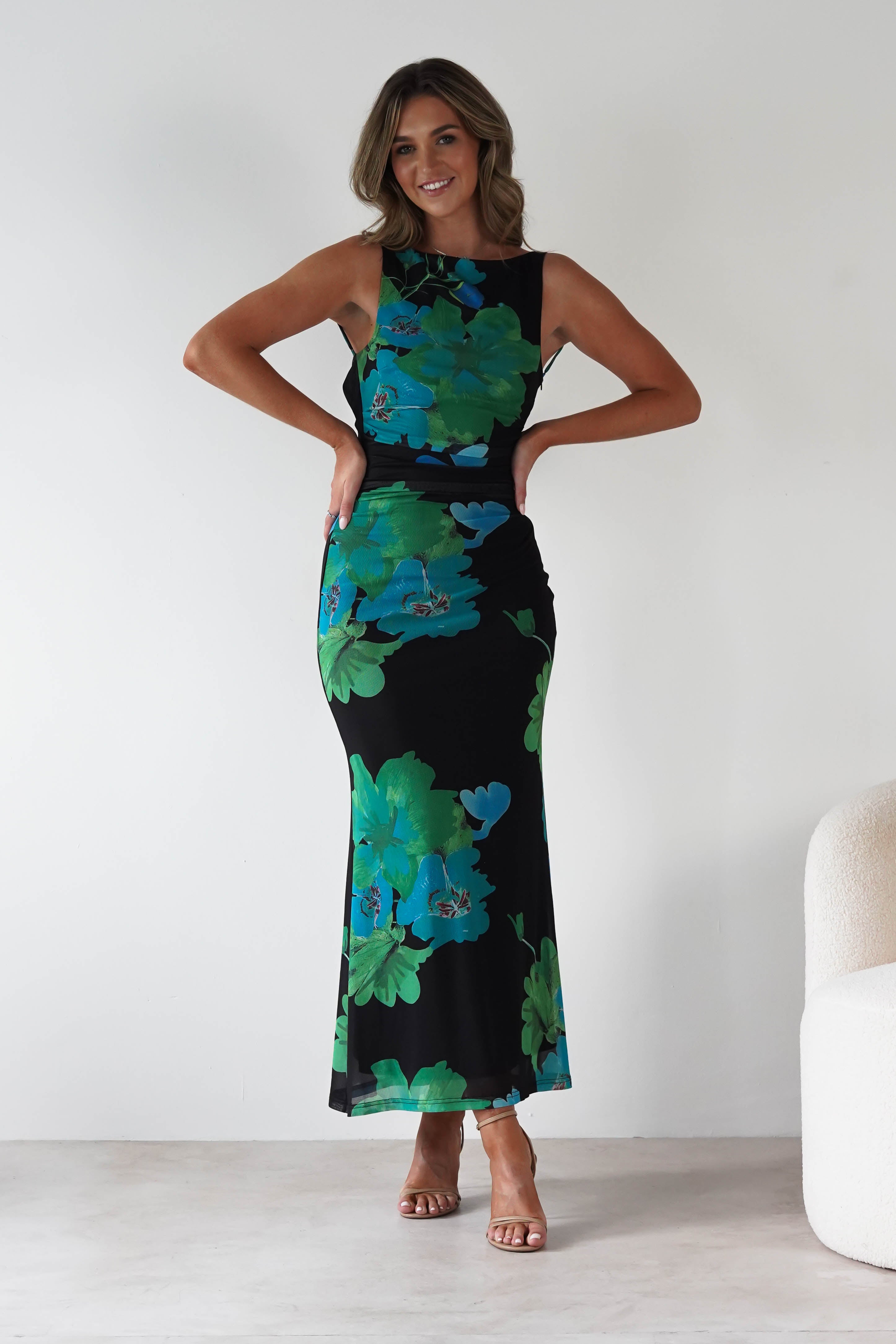 SASHA Wedding Guest Dresses Elysia Bodycon Mesh Maxi Dress | Black/Green
