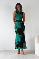 SASHA Wedding Guest Dresses Elysia Bodycon Mesh Maxi Dress | Black/Green