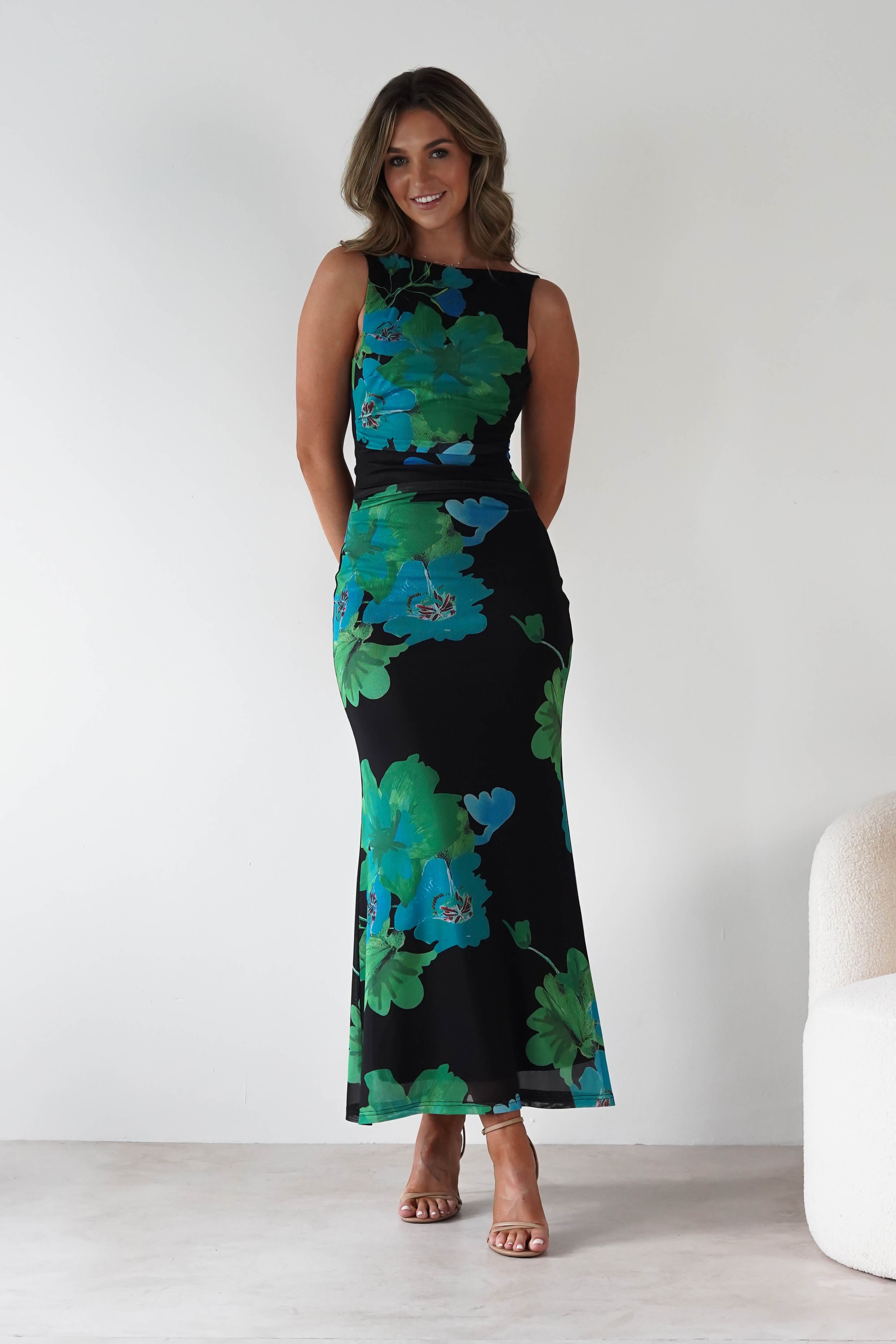 SASHA Wedding Guest Dresses Elysia Bodycon Mesh Maxi Dress | Black/Green