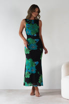 SASHA Wedding Guest Dresses Elysia Bodycon Mesh Maxi Dress | Black/Green