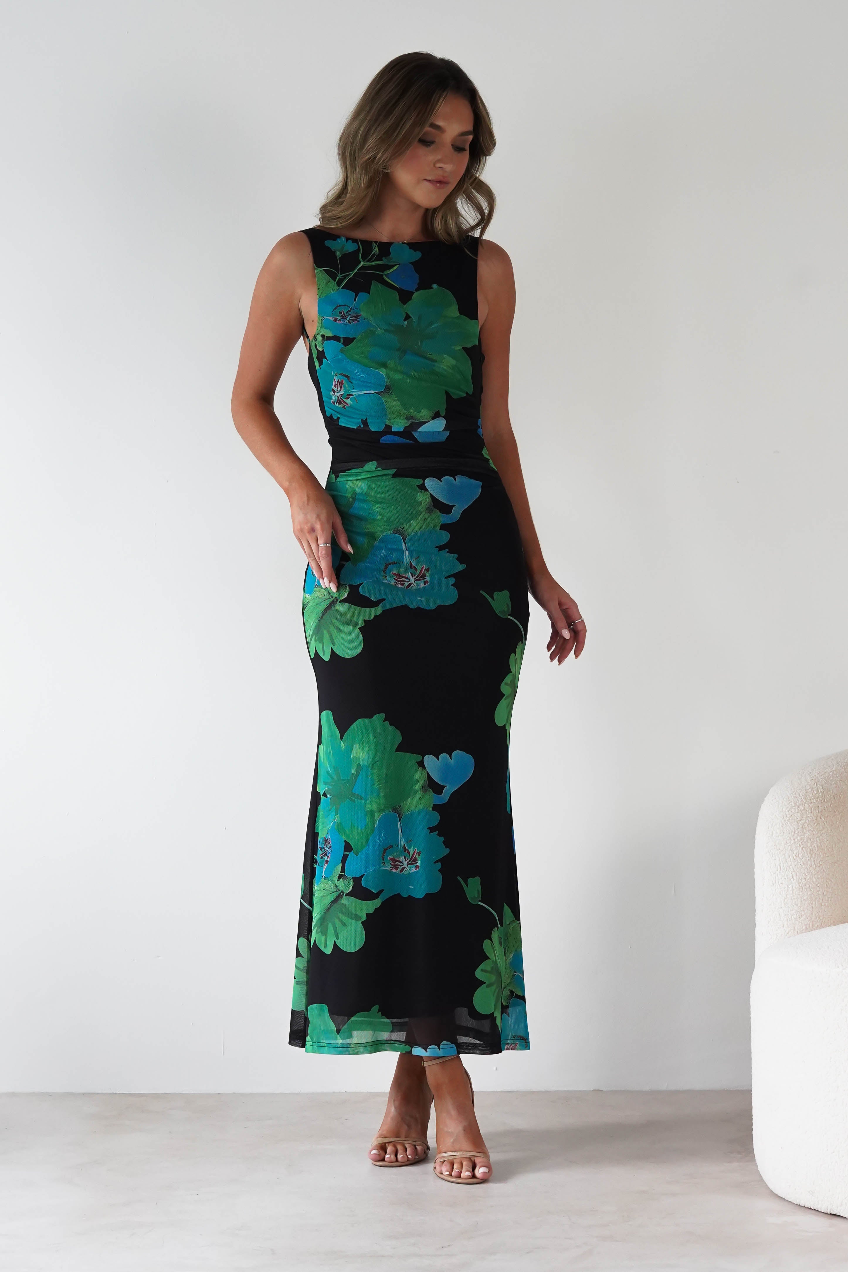SASHA Wedding Guest Dresses Elysia Bodycon Mesh Maxi Dress | Black/Green