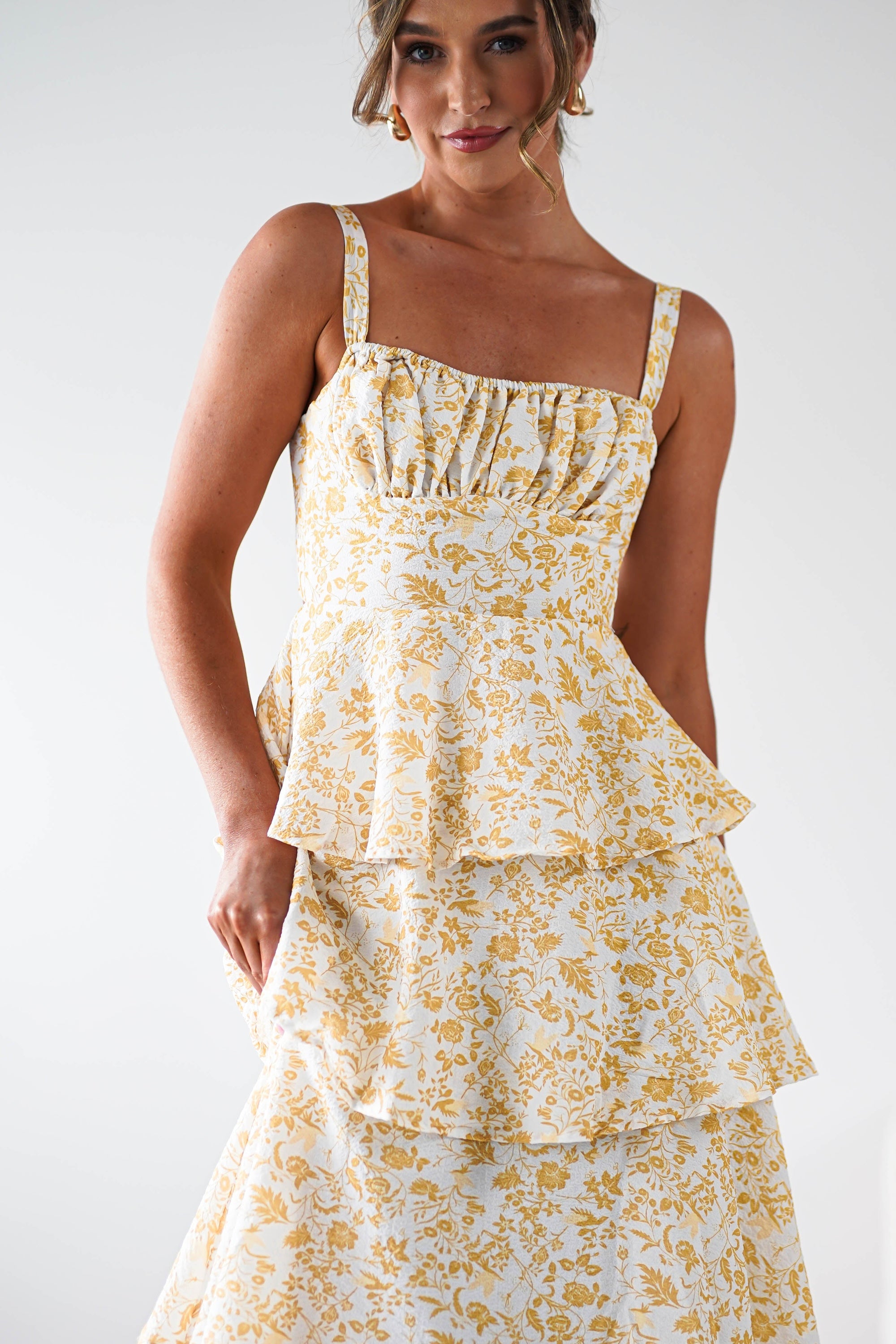 Emily Floral Ruffle Maxi Dress | Yellow Print | Oh Hello Clothing | 6