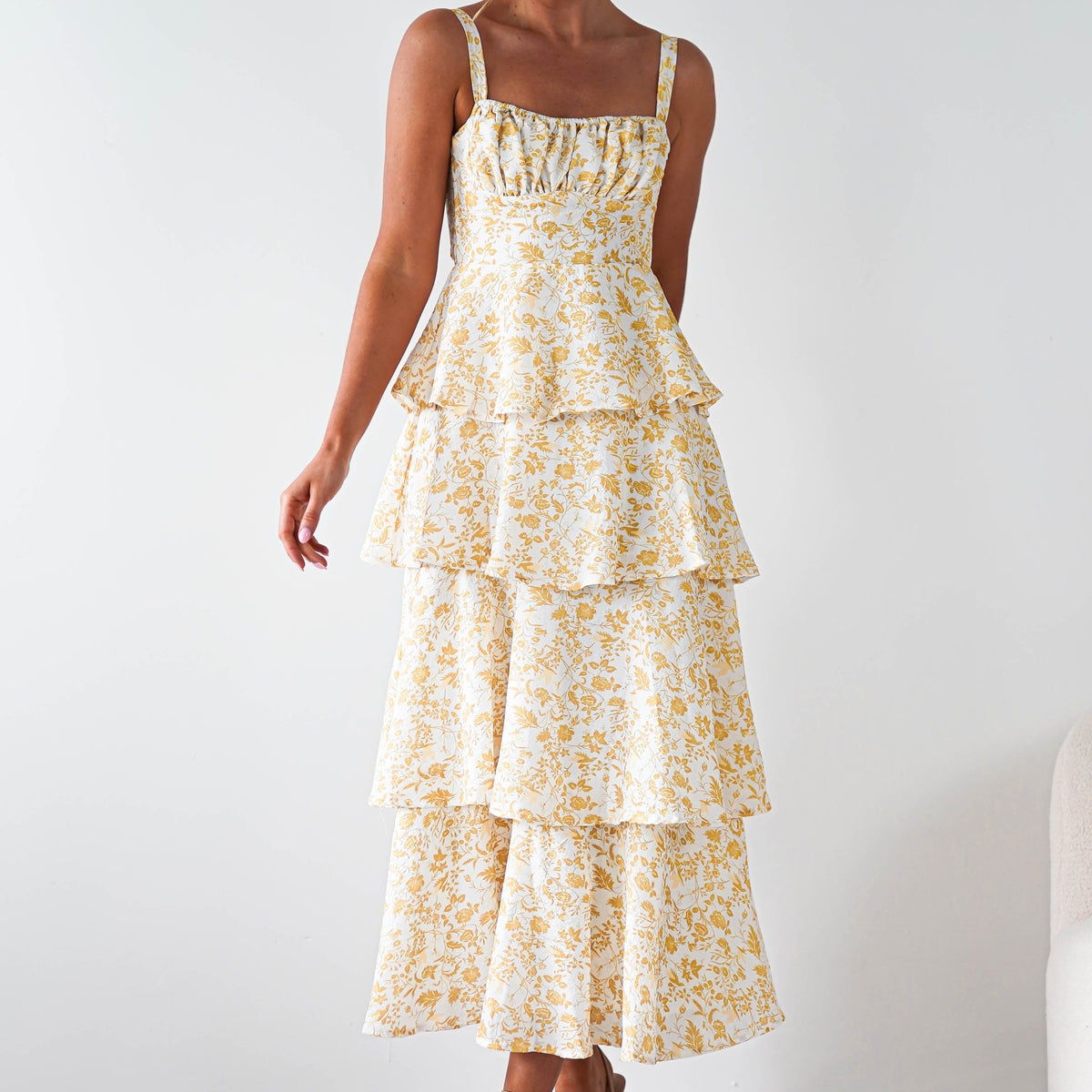 Emily Floral Ruffle Maxi Dress Yellow Print Oh Hello Clothing