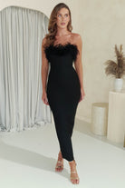 Gabbie Feather Bodycon Bandage Dress | Black | Oh Hello Clothing | S (8)