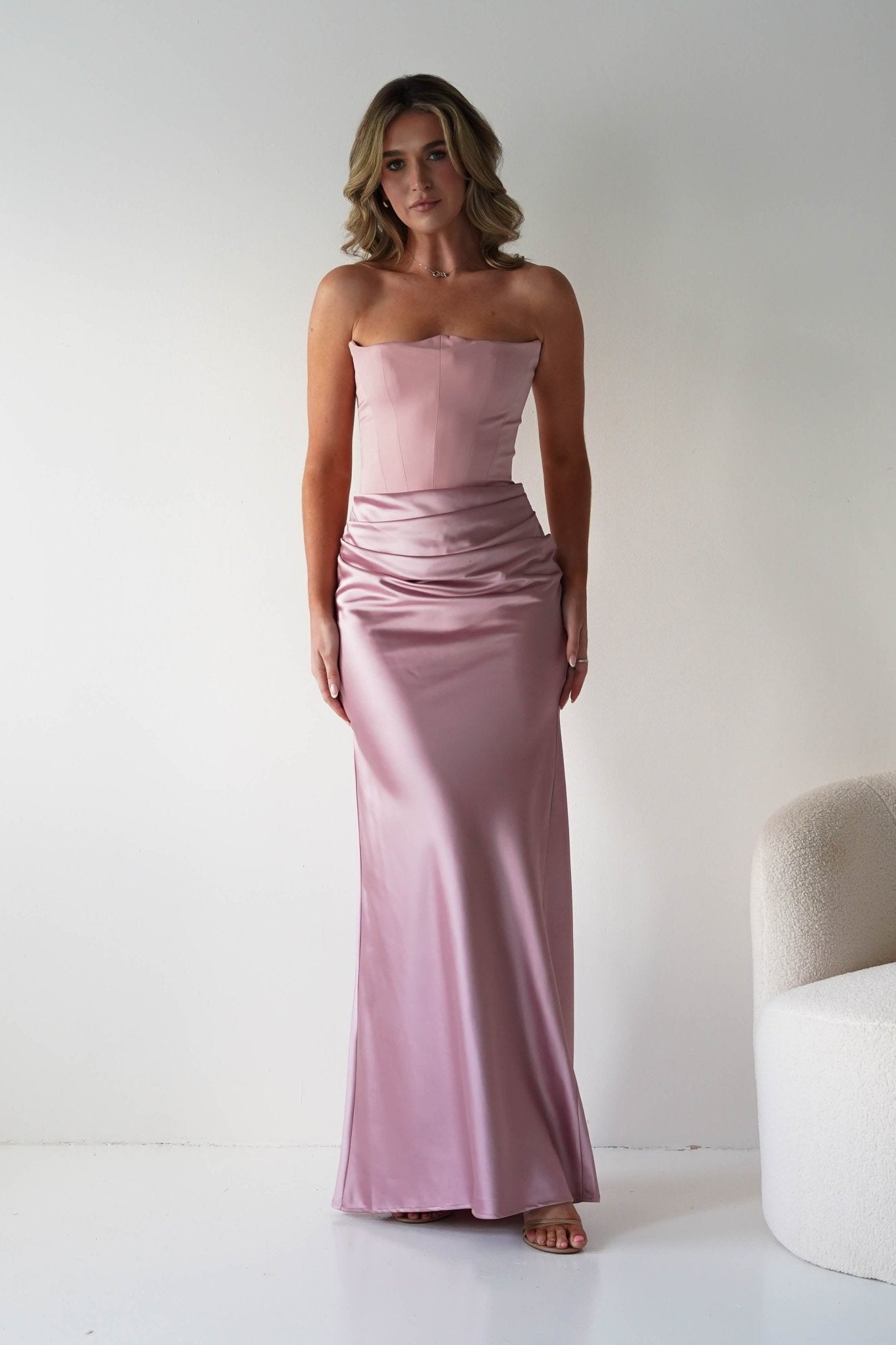 Giselle Corset Satin Maxi Dress | Blush | Oh Hello Clothing | XS (6)