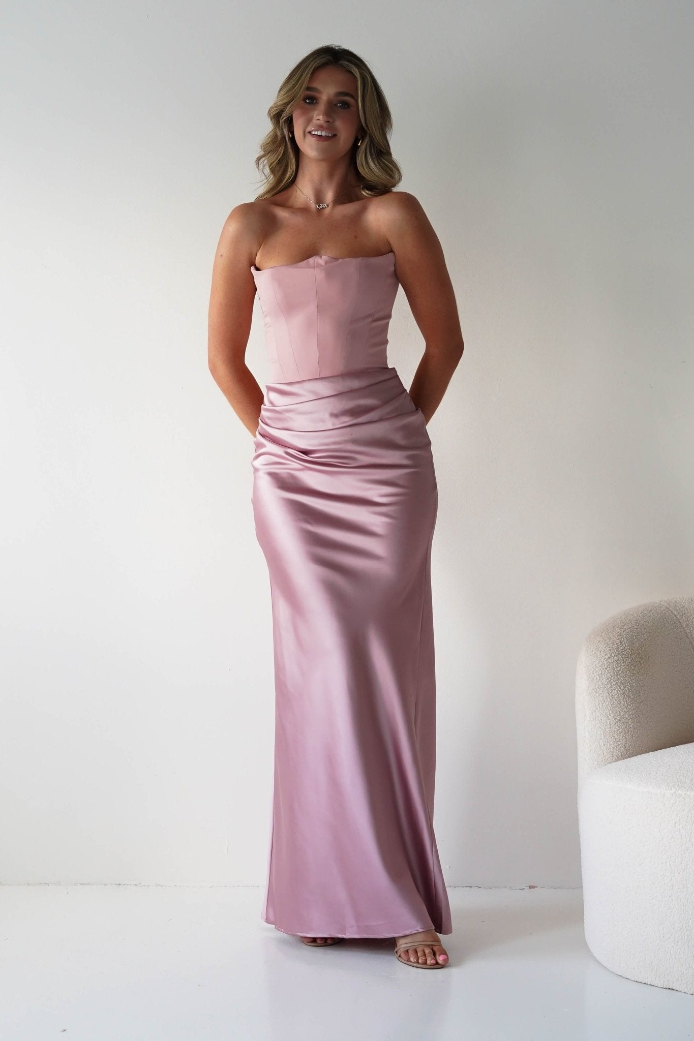 Giselle Corset Satin Maxi Dress | Blush | Oh Hello Clothing | XS (6)
