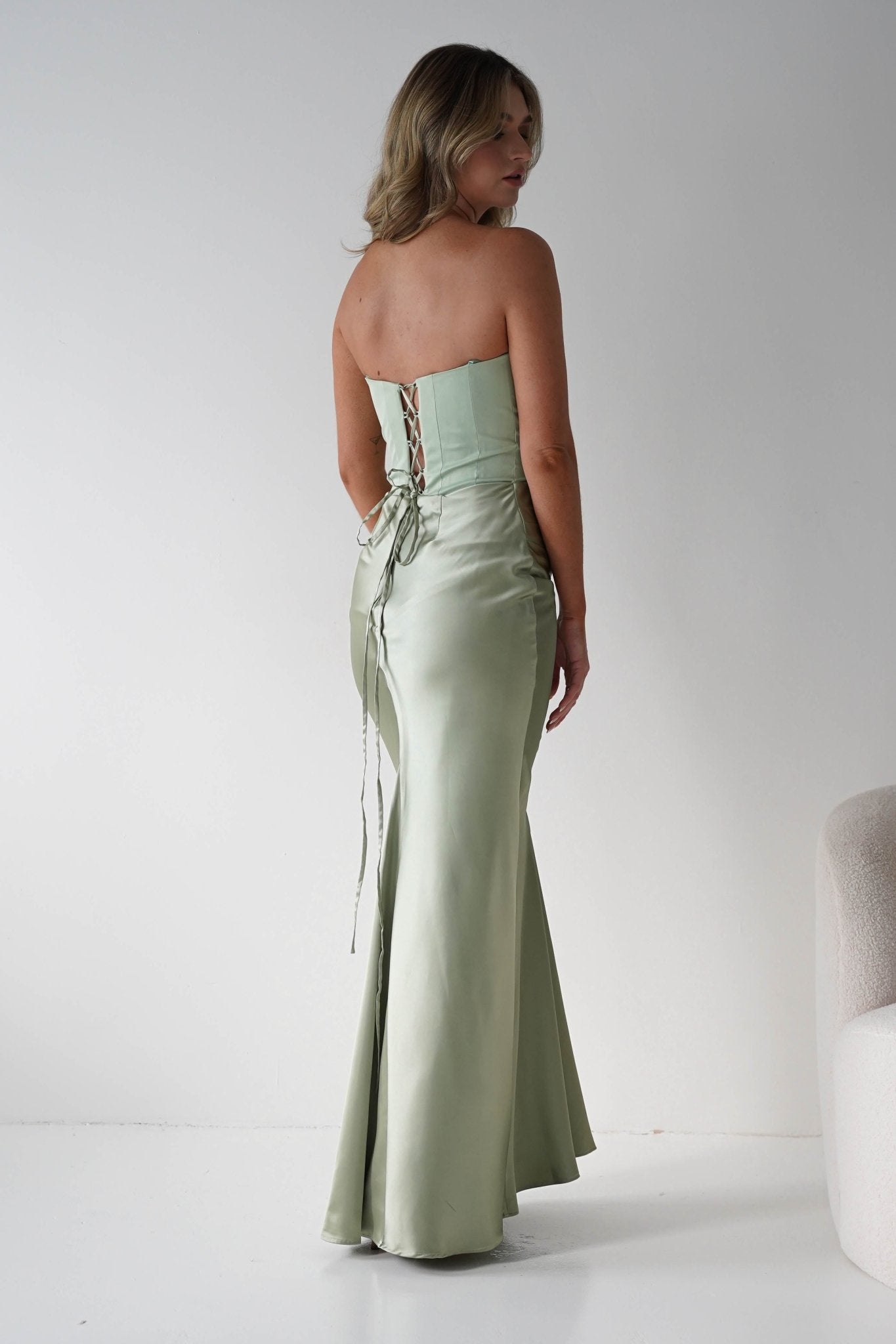 Giselle Corset Satin Maxi Dress | Sage | Oh Hello Clothing | XS (6)