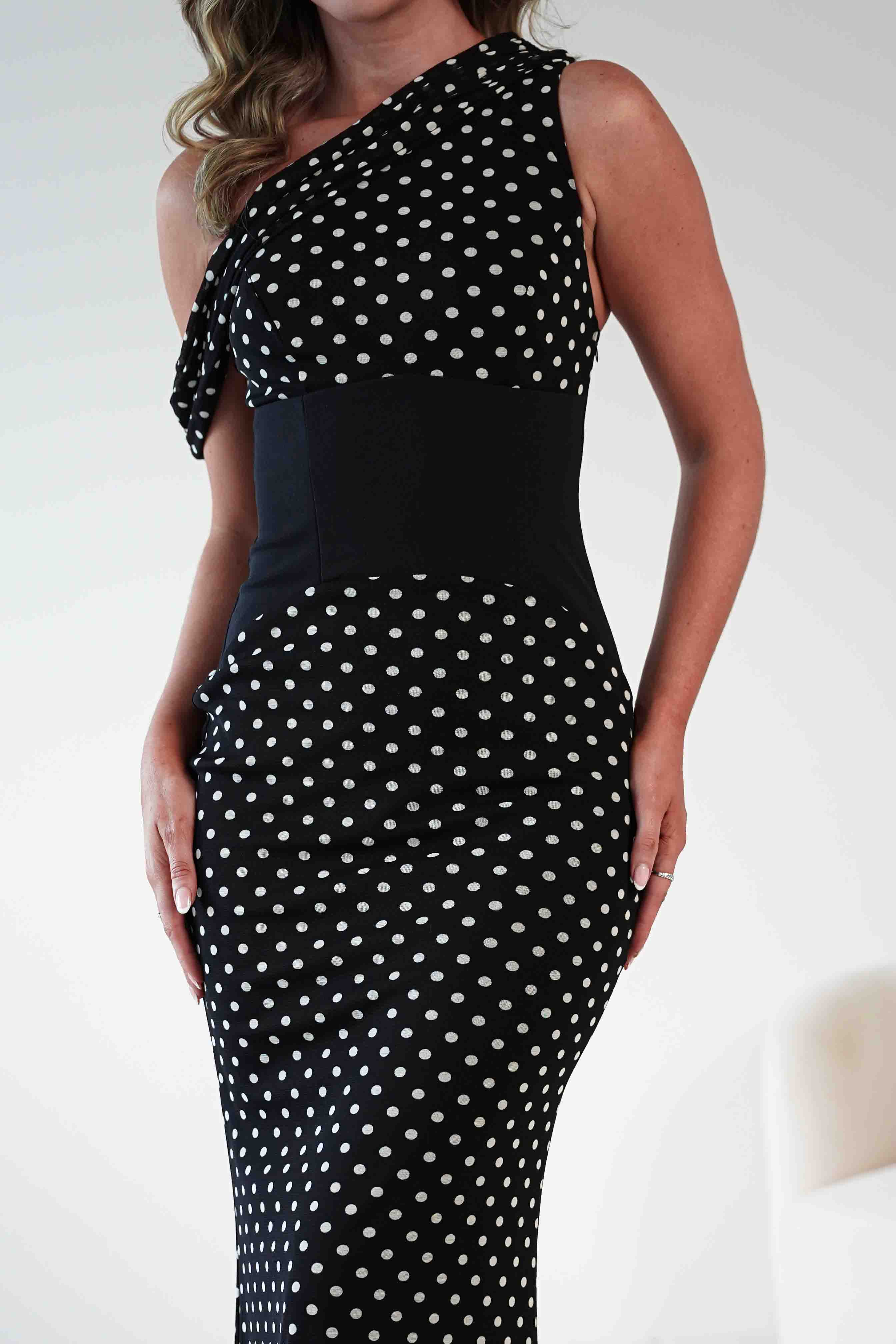 KAARLO Dresses Hailey One Shoulder Polka Dot Dress | Black