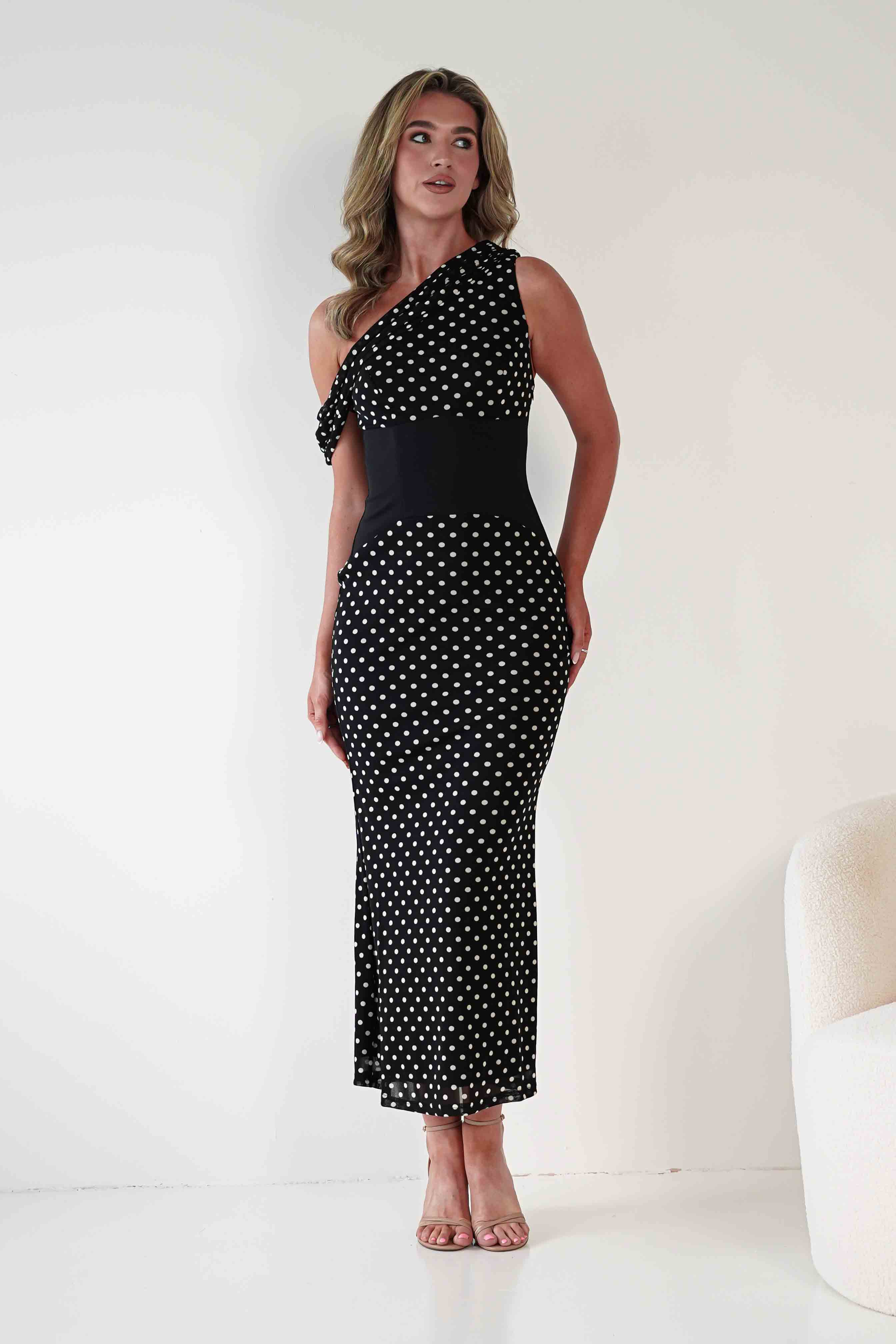 KAARLO Dresses Hailey One Shoulder Polka Dot Dress | Black