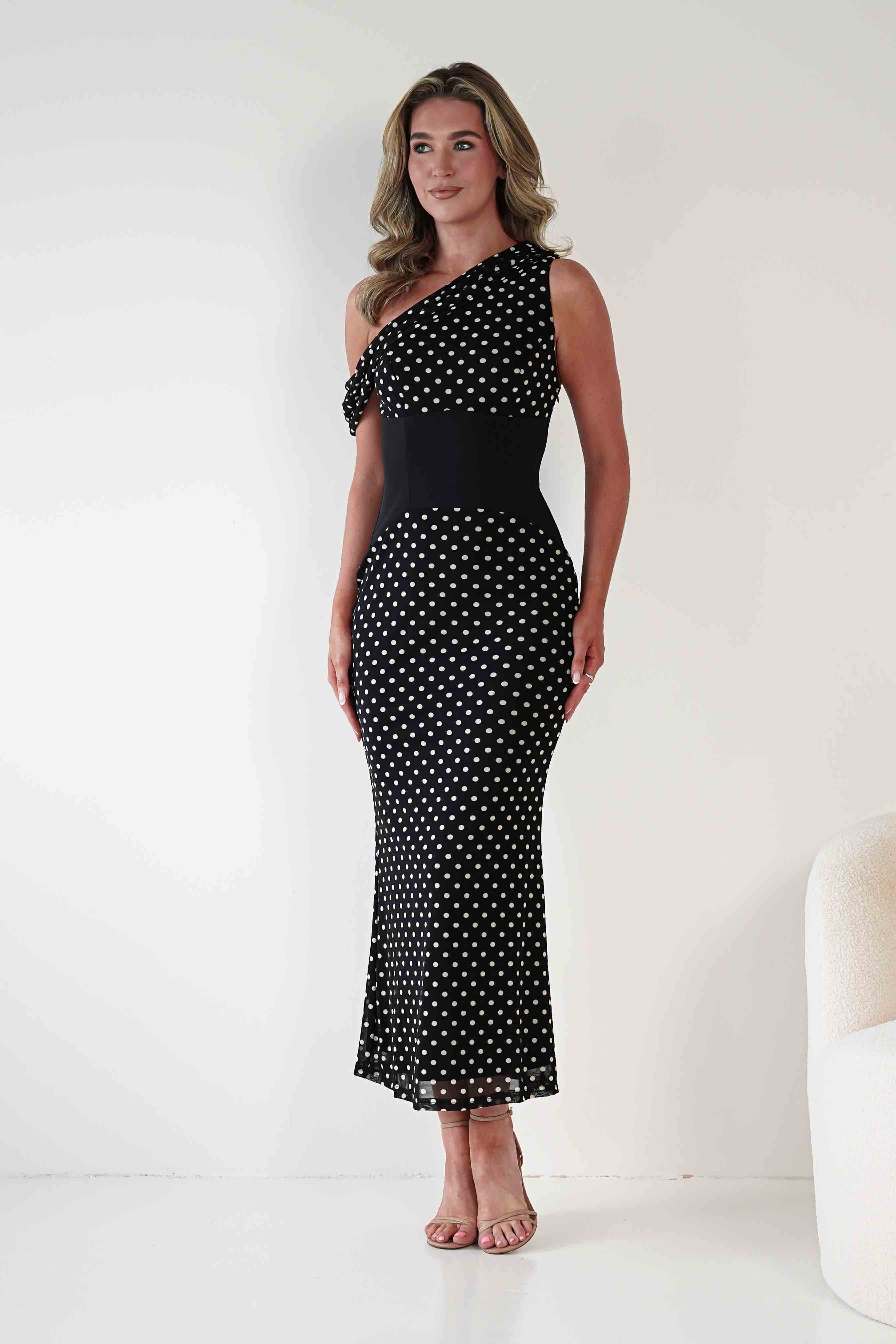 KAARLO Dresses Hailey One Shoulder Polka Dot Dress | Black