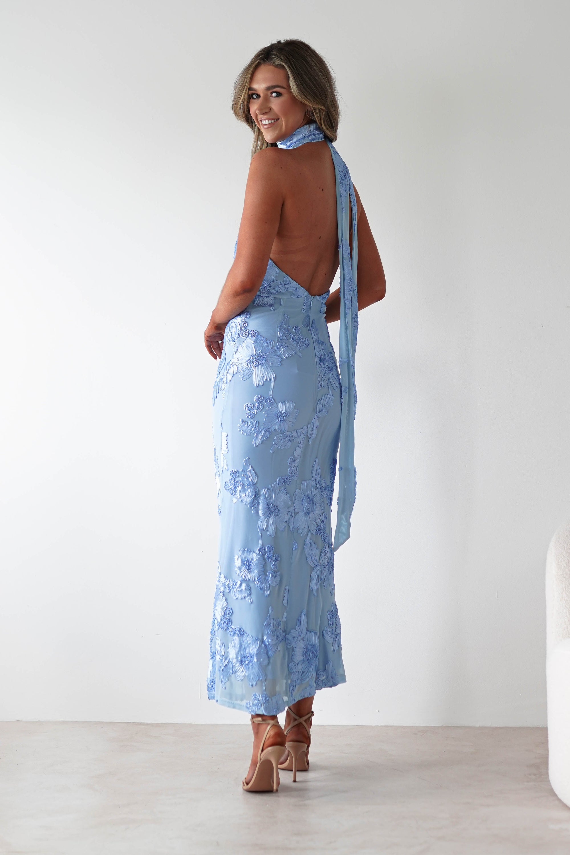 Halsey Tie Back Maxi Dress | Blue Textured | Oh Hello Clothing | XS (6)