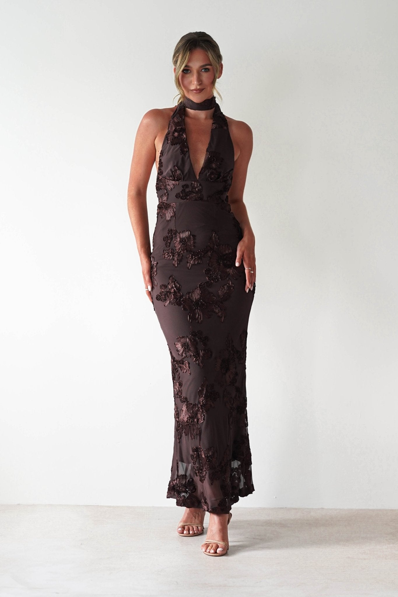 Halsey Tie Back Maxi Dress | Brown Textured | Oh Hello Clothing | XS (6)