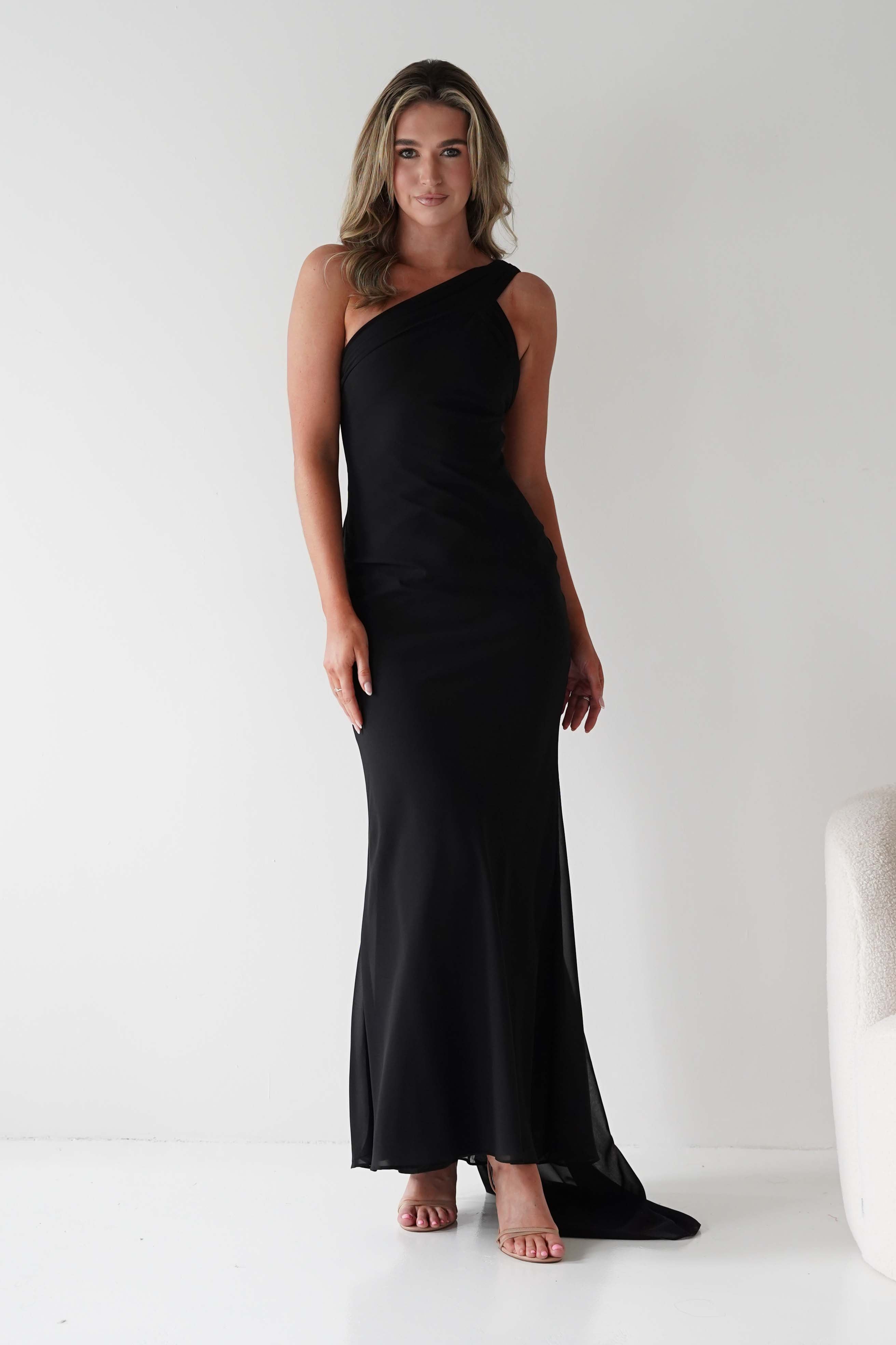 MANIJU Dresses Hathaway Chiffon Drape Maxi Dress | Black