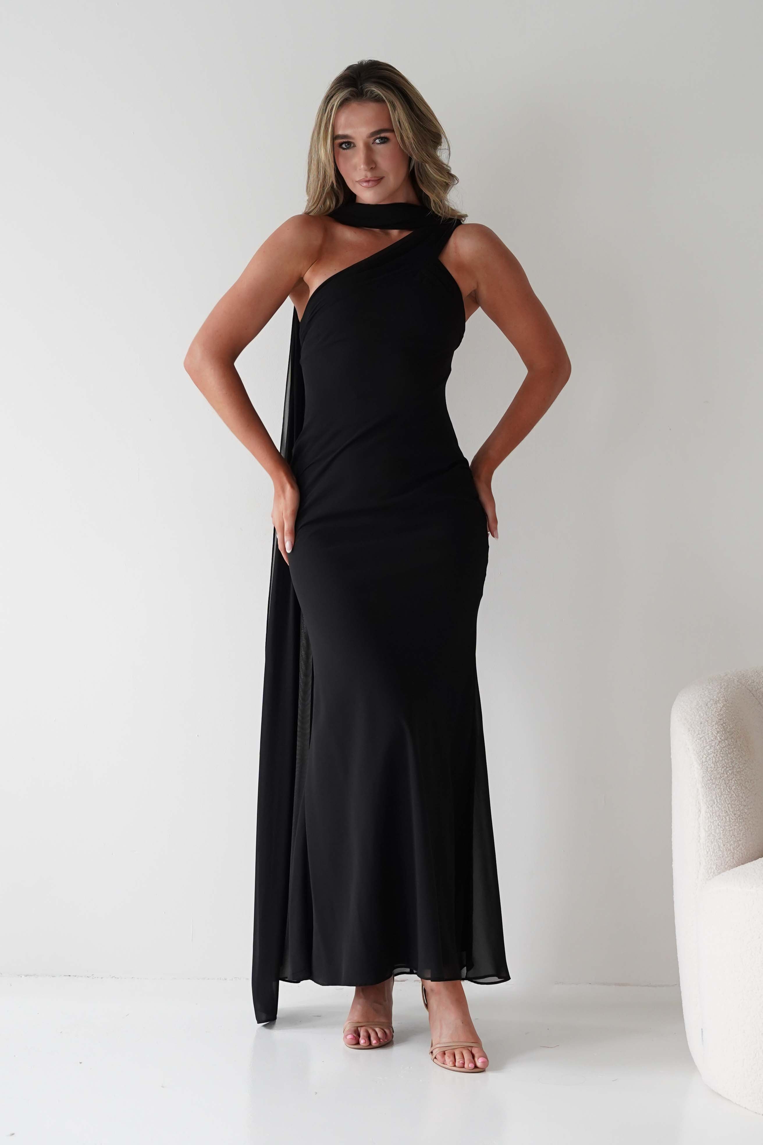MANIJU Dresses Hathaway Chiffon Drape Maxi Dress | Black