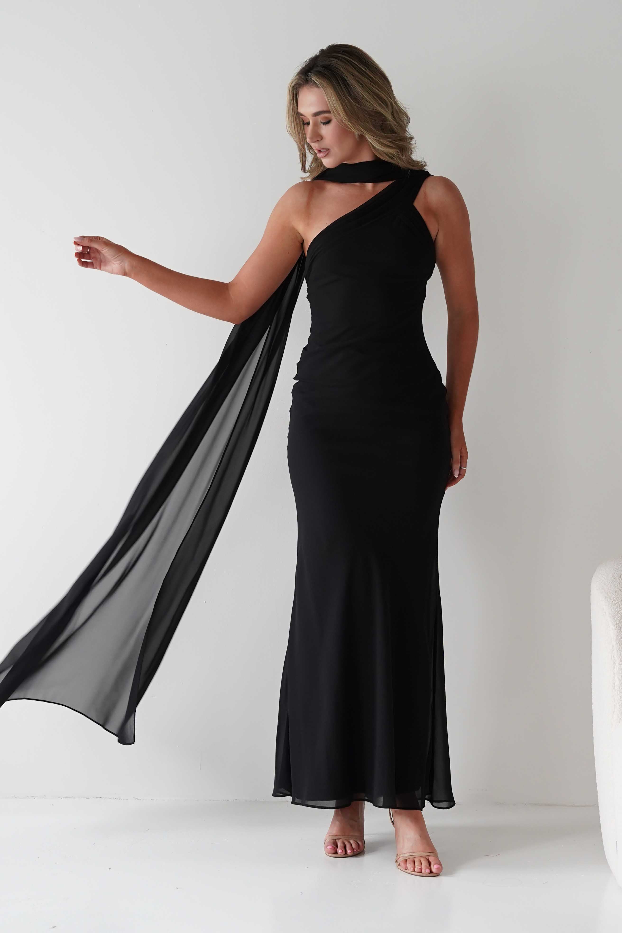 MANIJU Dresses Hathaway Chiffon Drape Maxi Dress | Black