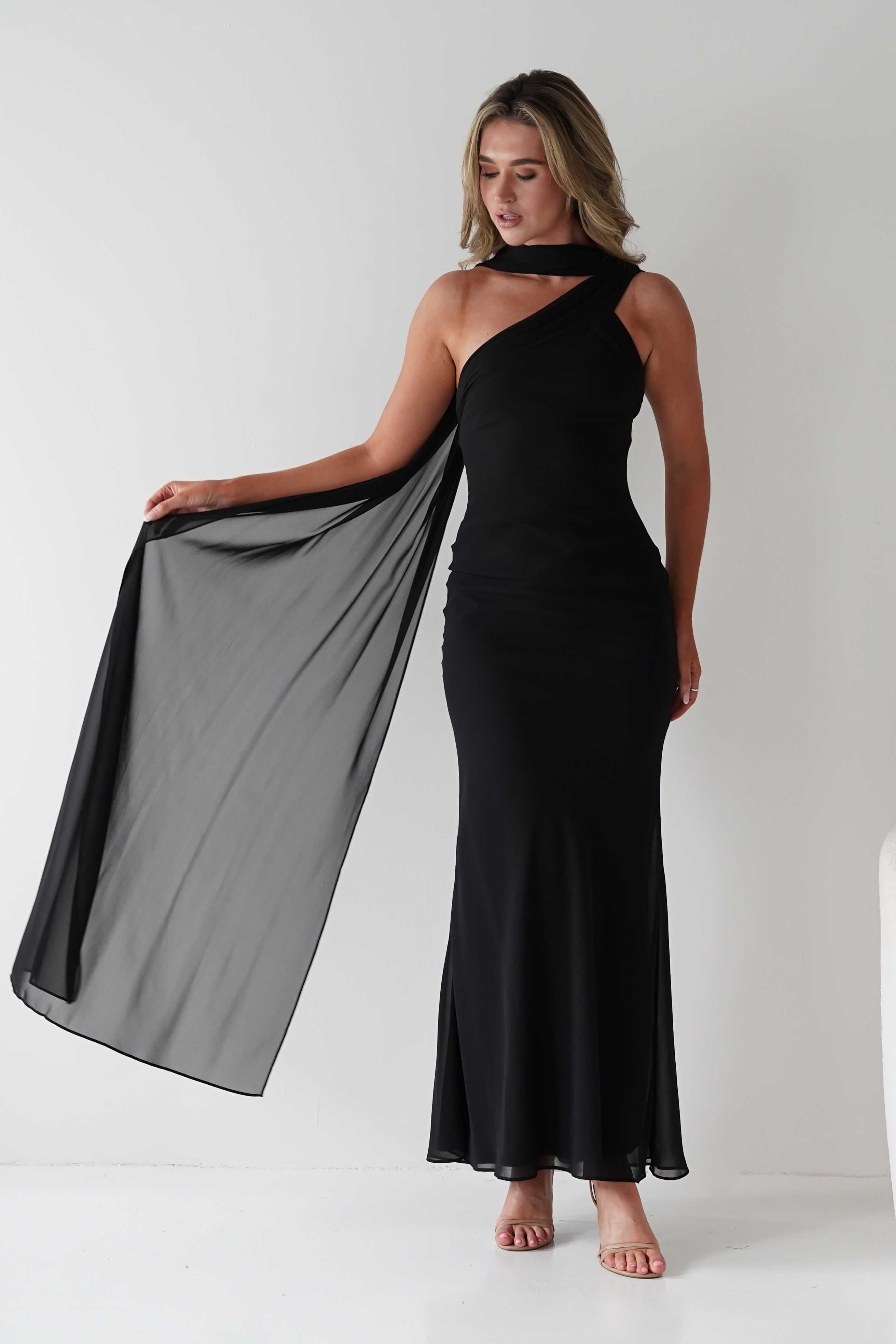 MANIJU Dresses Hathaway Chiffon Drape Maxi Dress | Black
