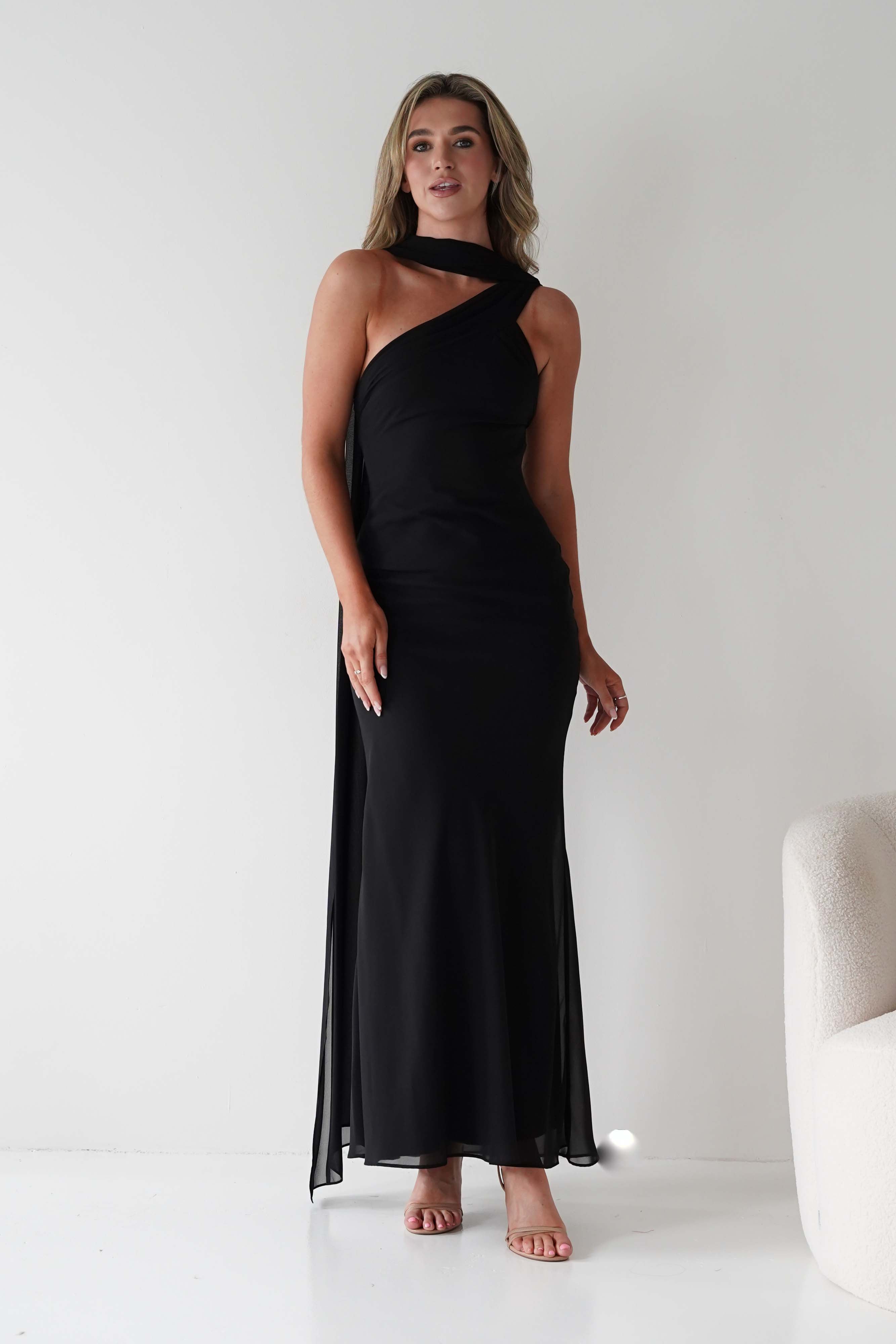 MANIJU Dresses Hathaway Chiffon Drape Maxi Dress | Black