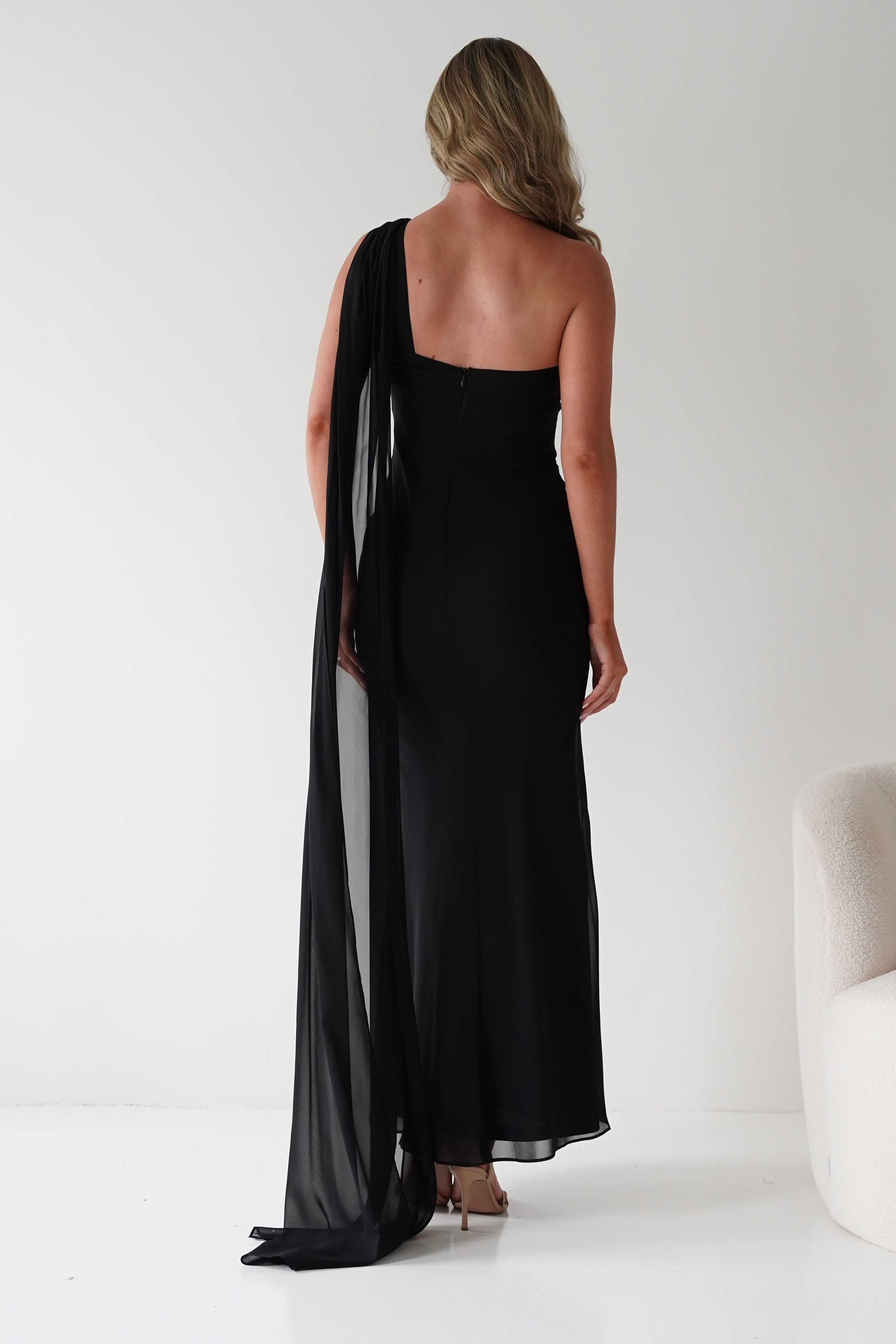 MANIJU Dresses Hathaway Chiffon Drape Maxi Dress | Black