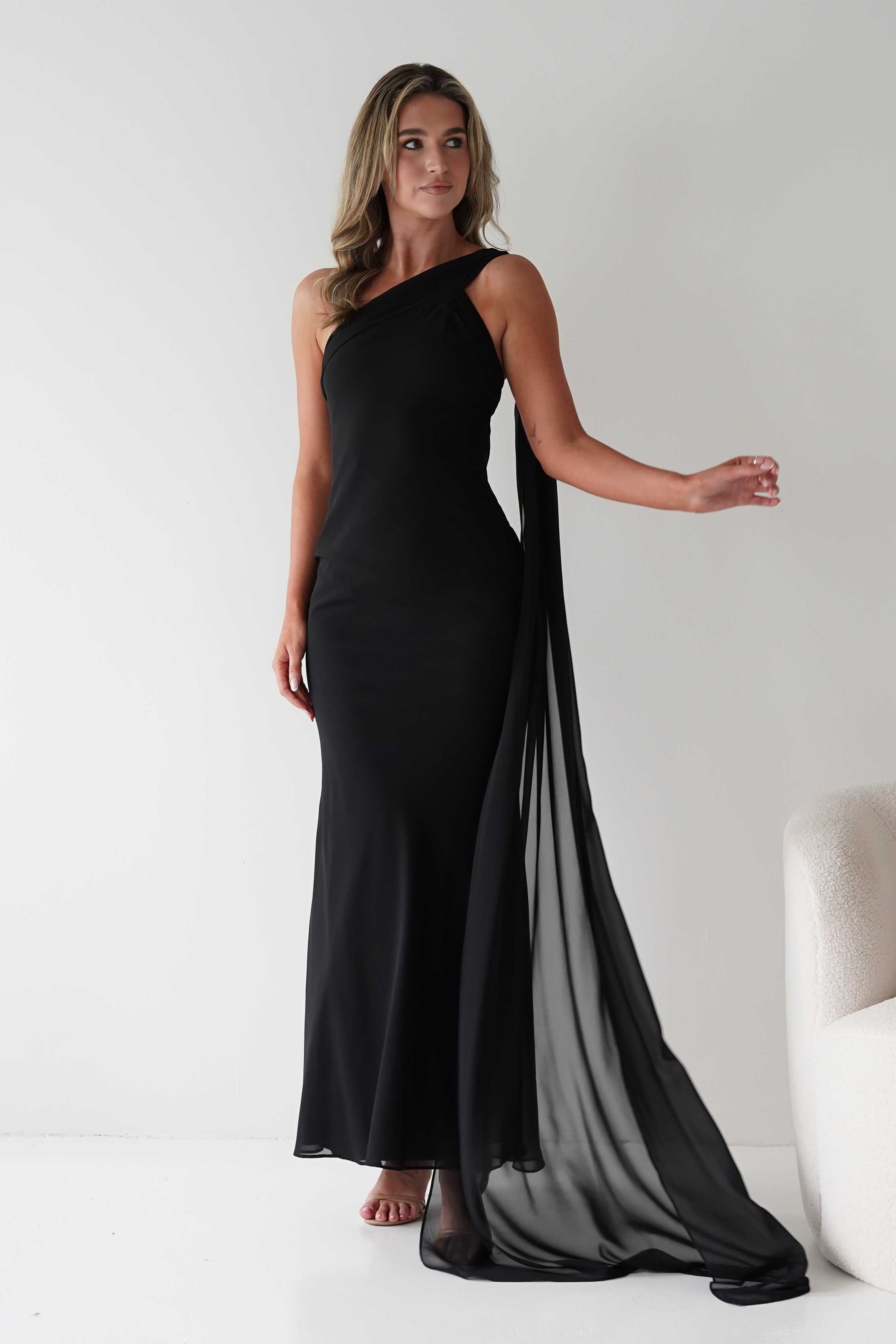 MANIJU Dresses Hathaway Chiffon Drape Maxi Dress | Black