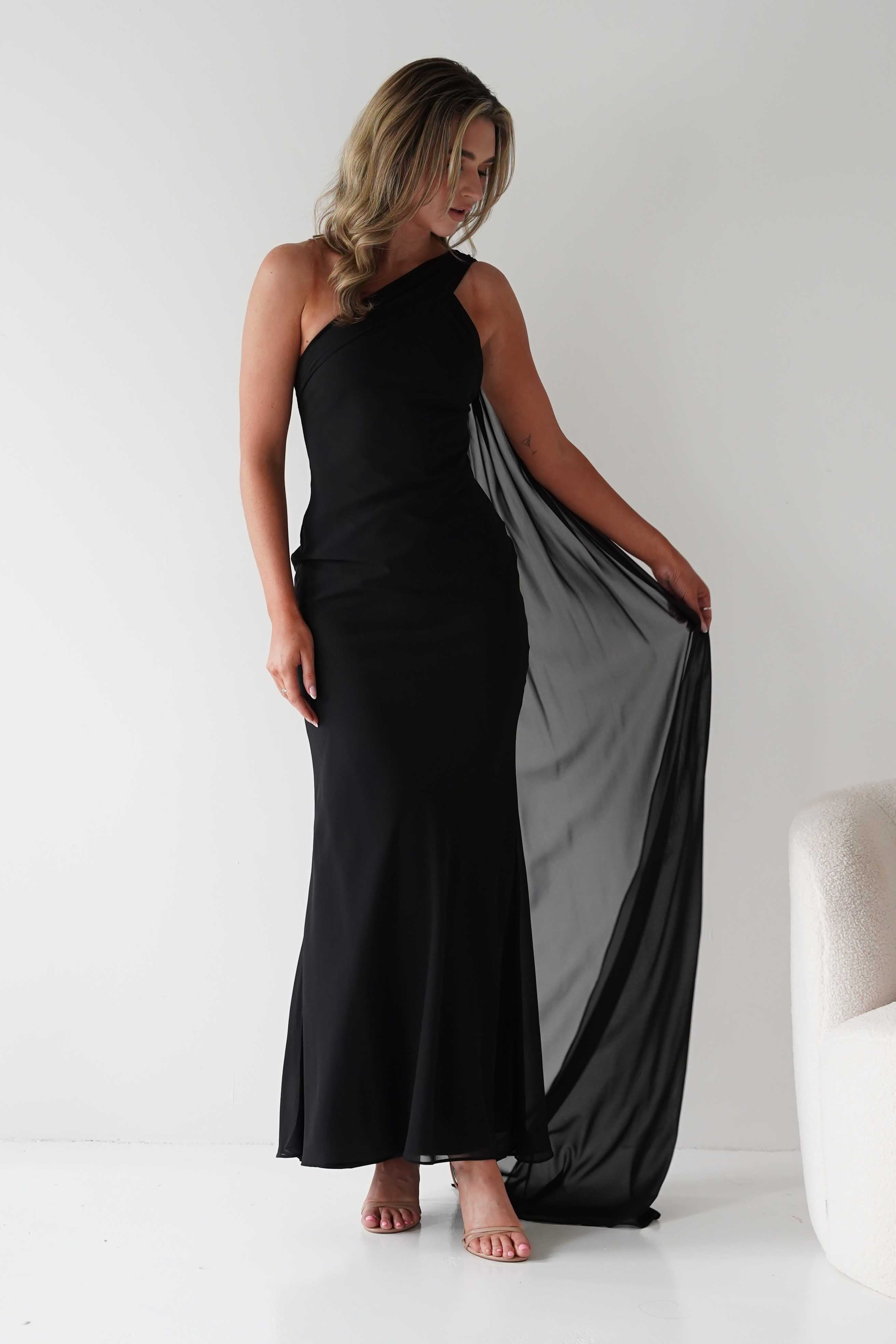 MANIJU Dresses Hathaway Chiffon Drape Maxi Dress | Black