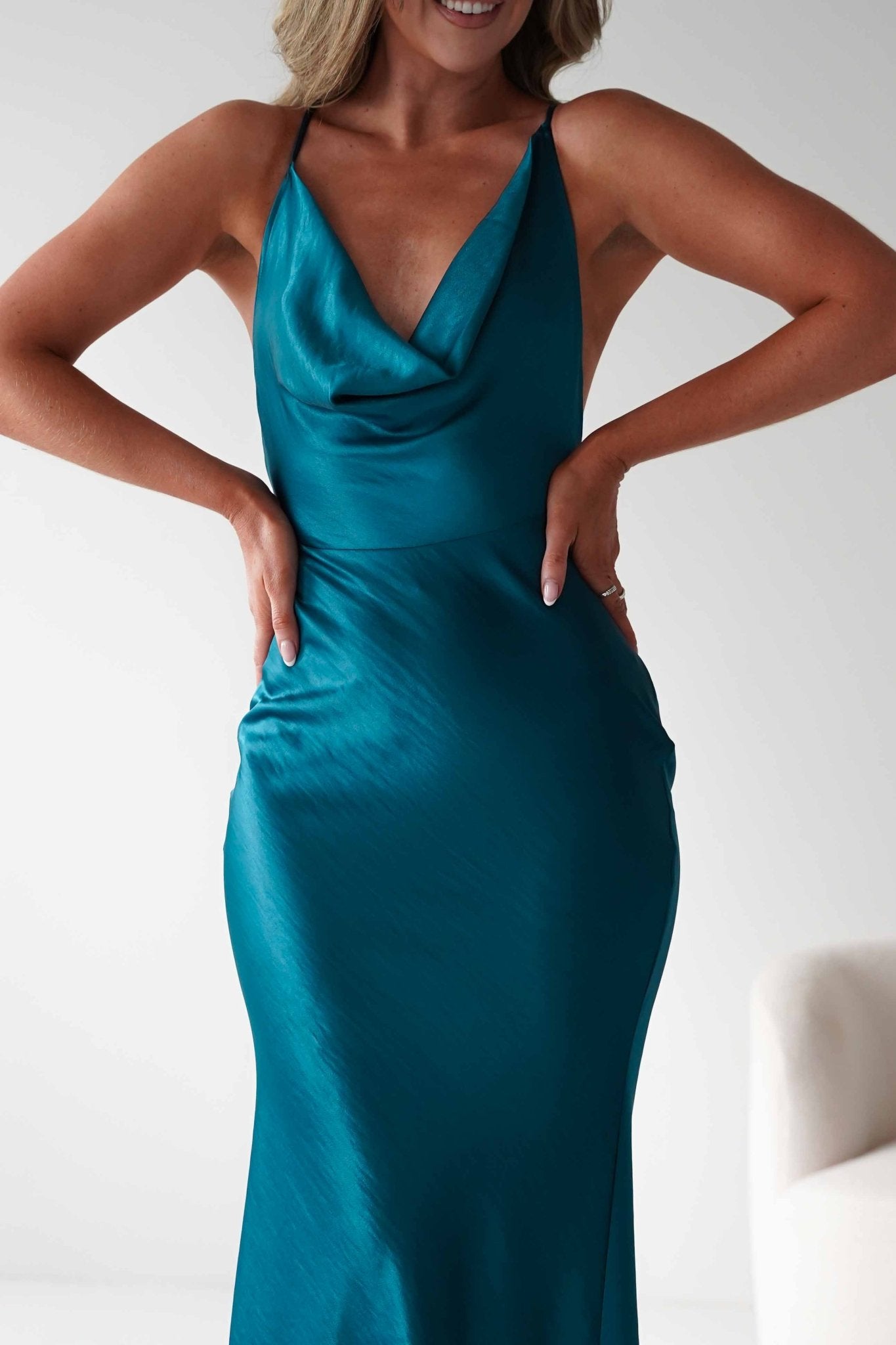 Helga Soft Satin Drape Maxi Dress | Teal | Oh Hello Clothing | S (8)