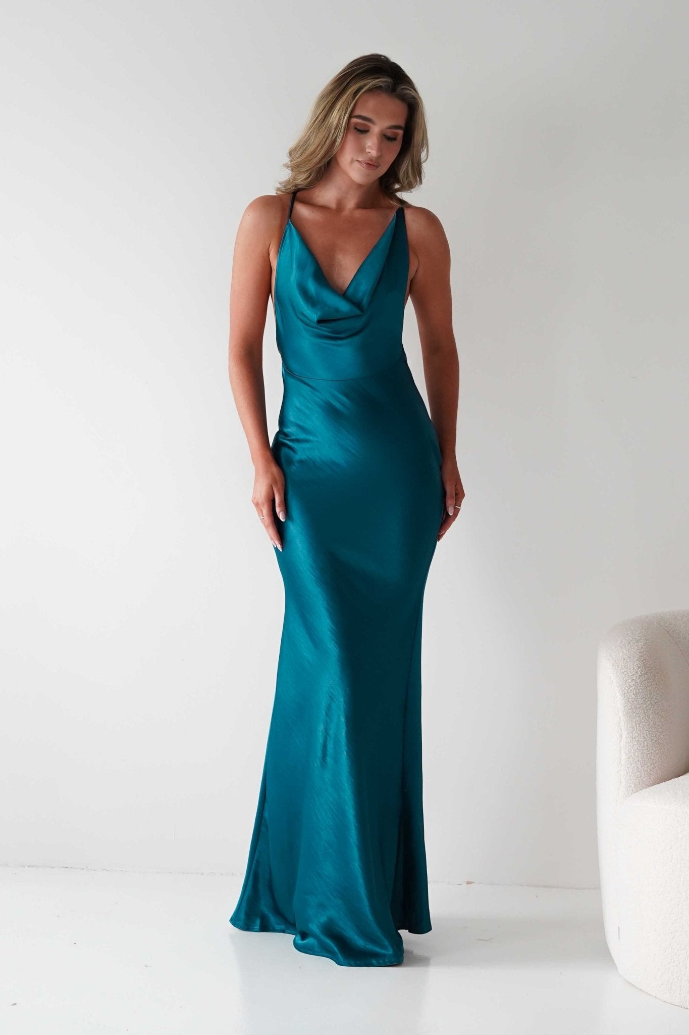 Helga Soft Satin Drape Maxi Dress | Teal | Oh Hello Clothing | S (8)