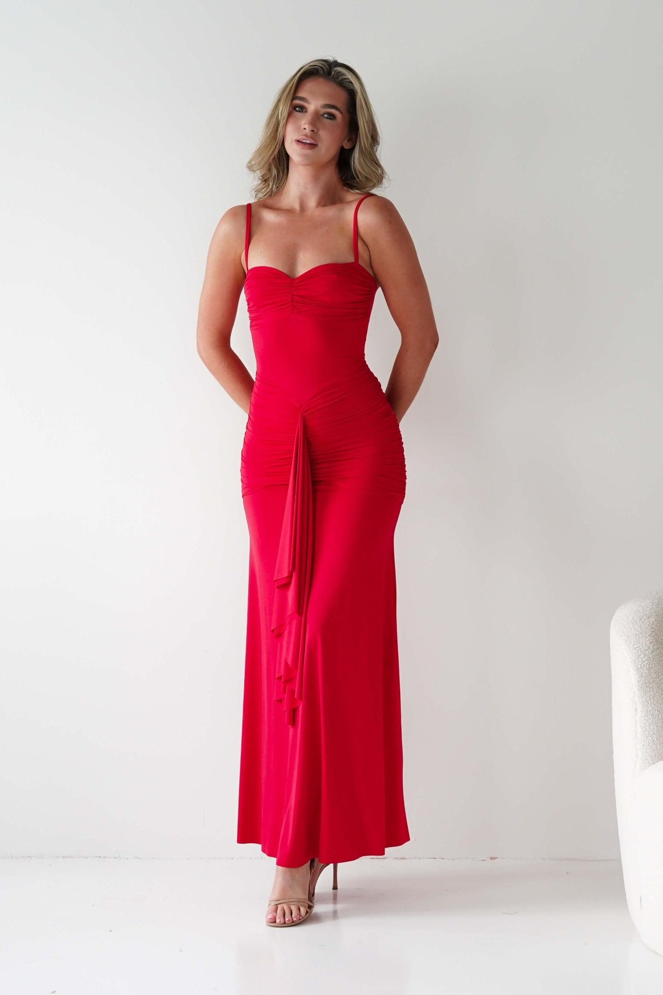 Hera Bodycon Ruffle Maxi Gown Dress | Red | Oh Hello Clothing | S (8)