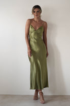 Hermie Silky Satin Maxi  | Olive - Oh Hello Clothing