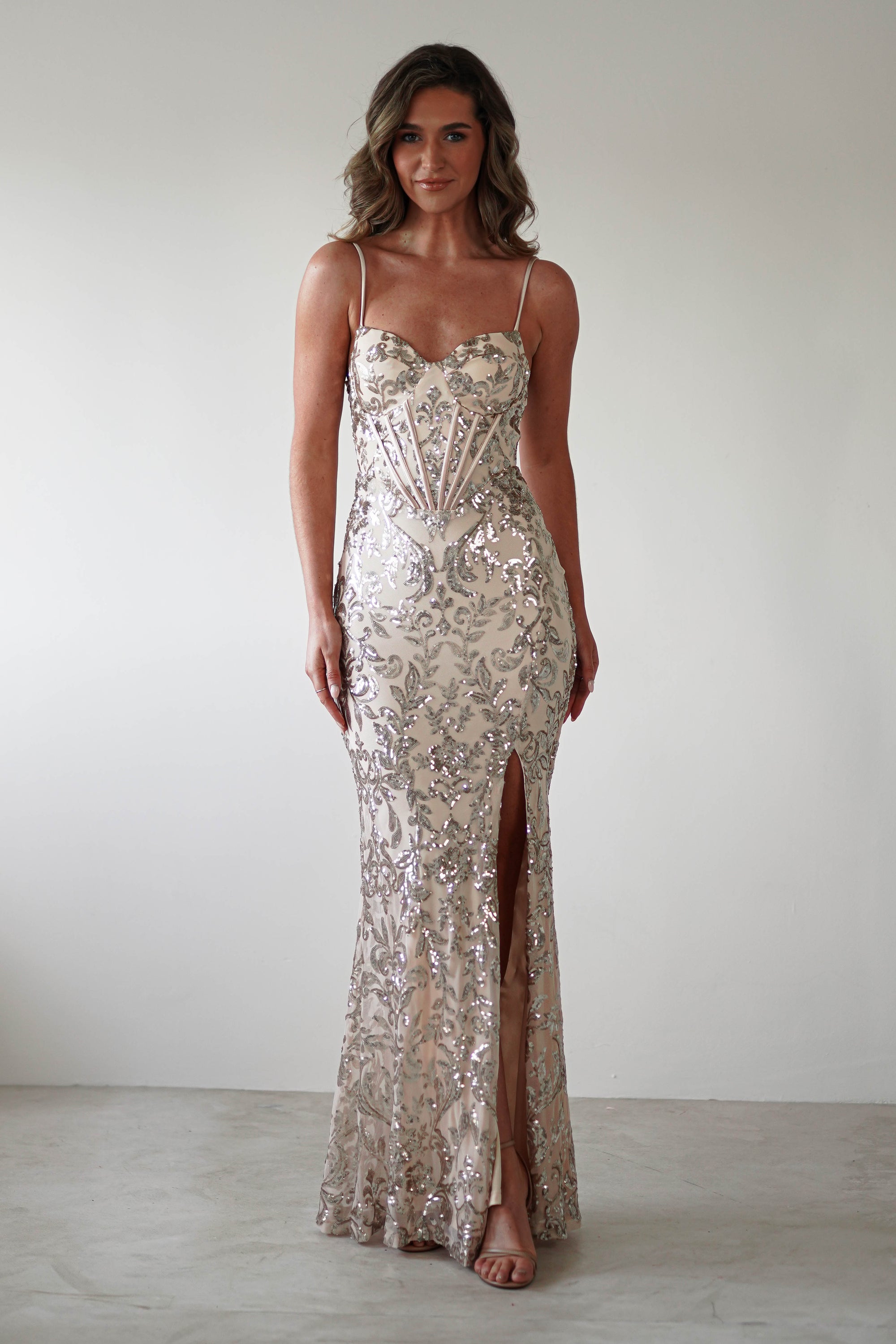 Isabel Sequin Corset Gown | Champagne Gold - Oh Hello Clothing