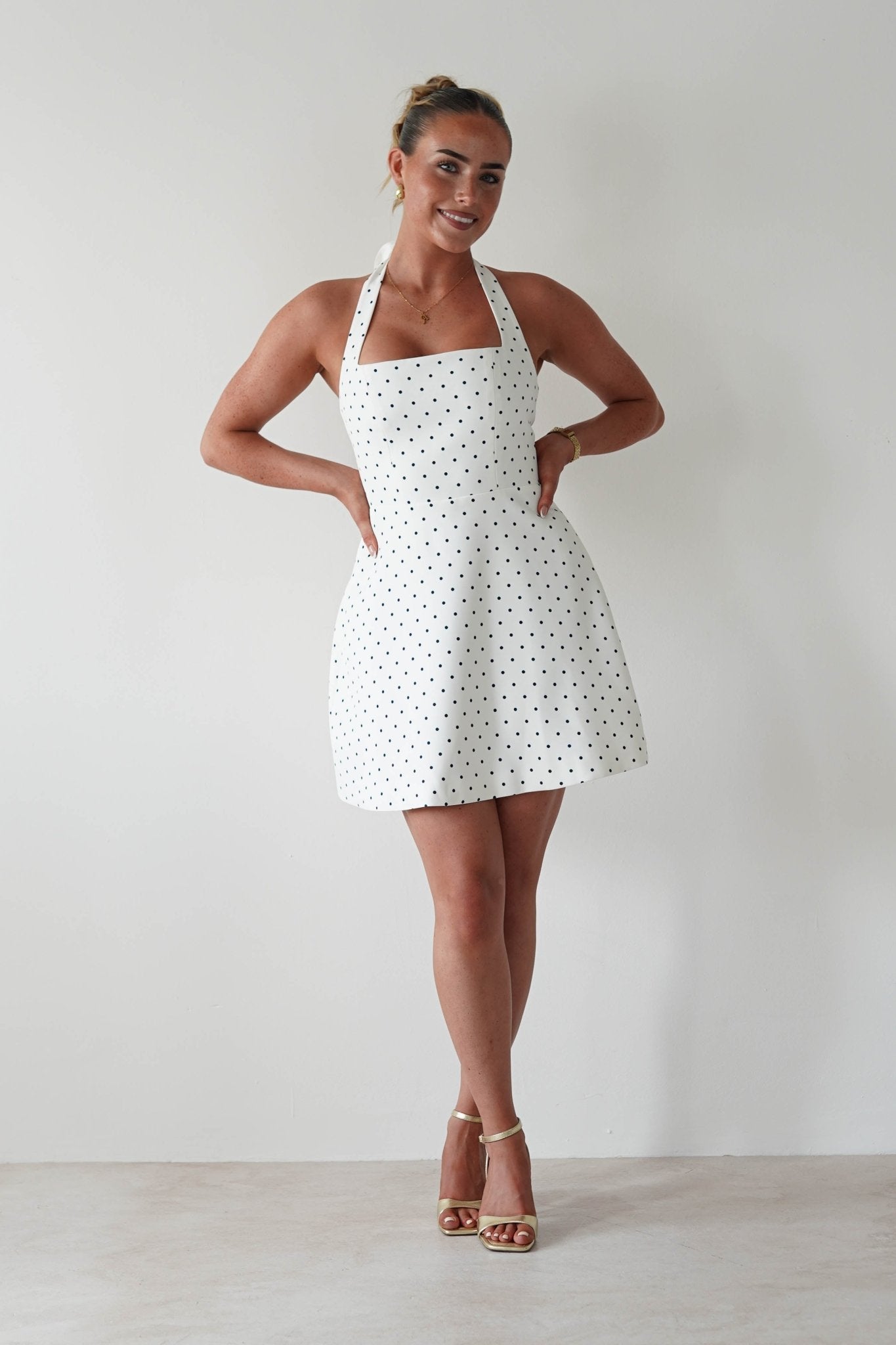 FACTORY Wedding Guest Dresses Isobel Polka Dot Halterneck Mini Dress | White
