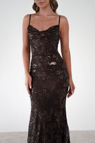 Jayna Sequin Floral Cowl Neck Midi Dress | Brown | Oh Hello Clothing | S - M - (8/10)