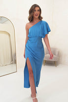 Jenna Soft Satin One Shoulder Maxi | Blue - Oh Hello Clothing