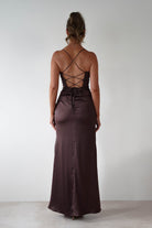 Julianne High Slit Corset Satin Gown | Brown | Oh Hello Clothing | XS (6)