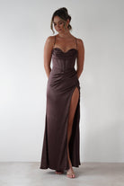Julianne High Slit Corset Satin Gown | Brown | Oh Hello Clothing | XS (6)