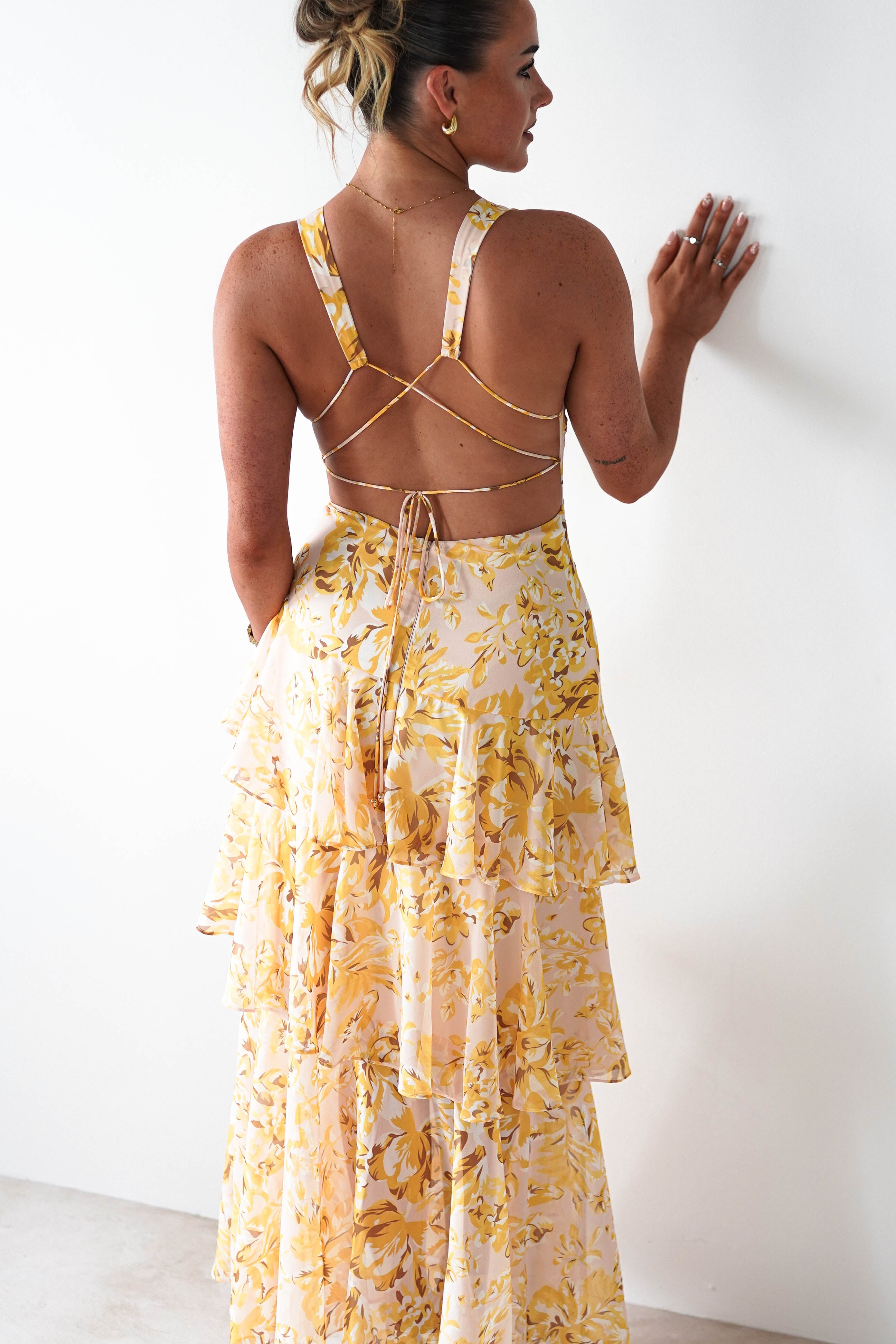 SASHA Wedding Guest Dresses Karlie Floral Print Maxi Dress | Yellow