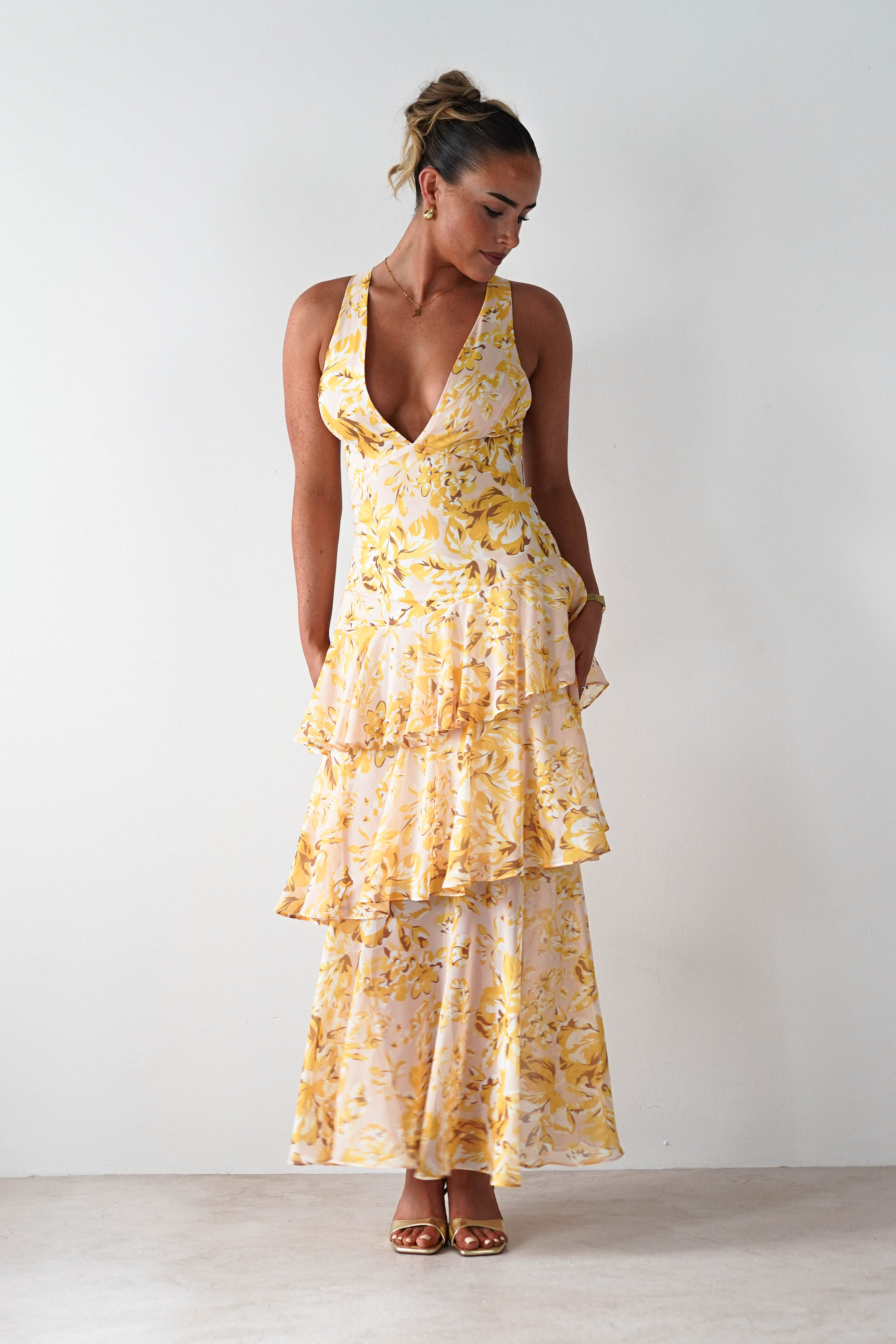 SASHA Wedding Guest Dresses Karlie Floral Print Maxi Dress | Yellow