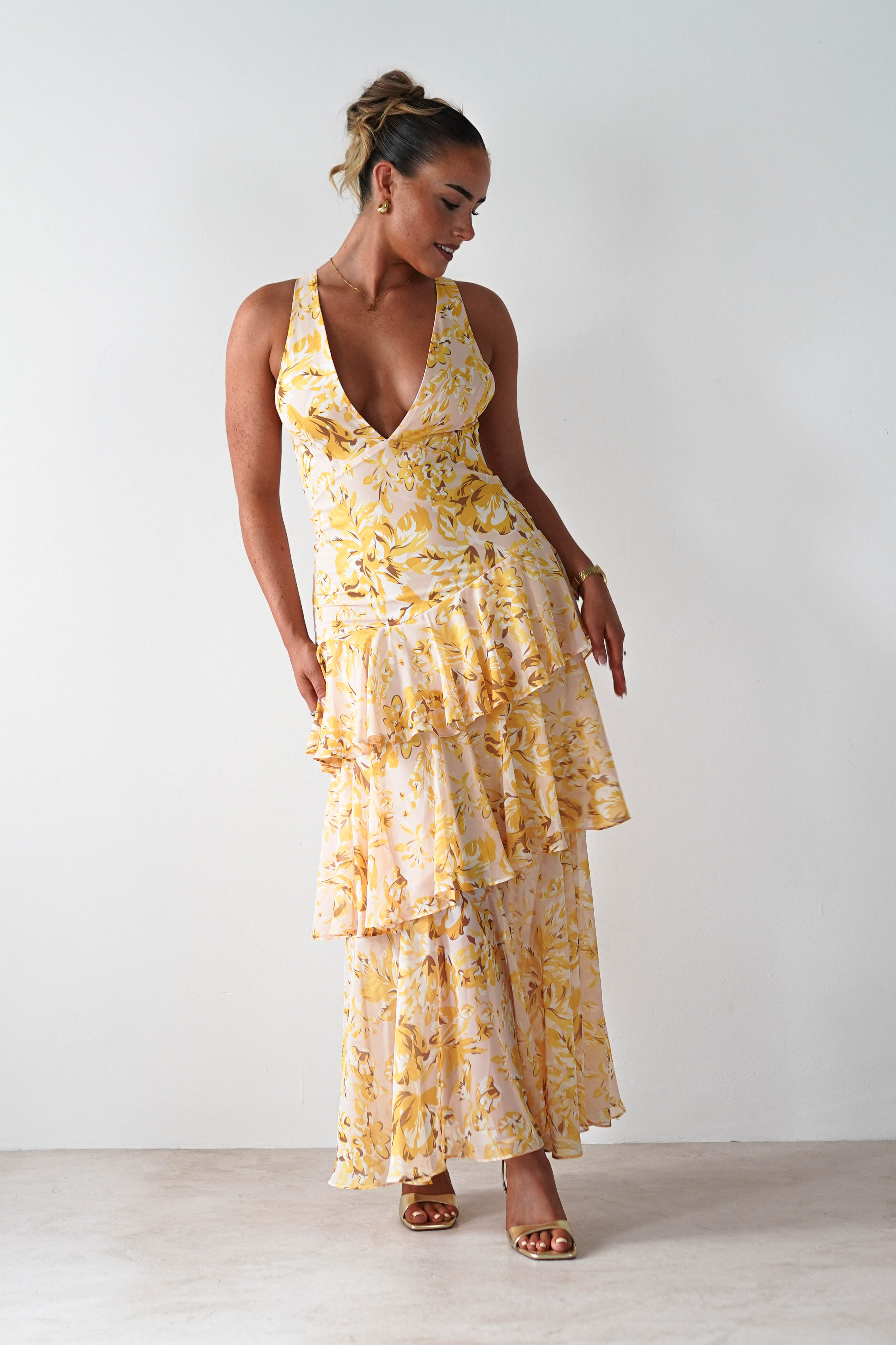 SASHA Wedding Guest Dresses Karlie Floral Print Maxi Dress | Yellow