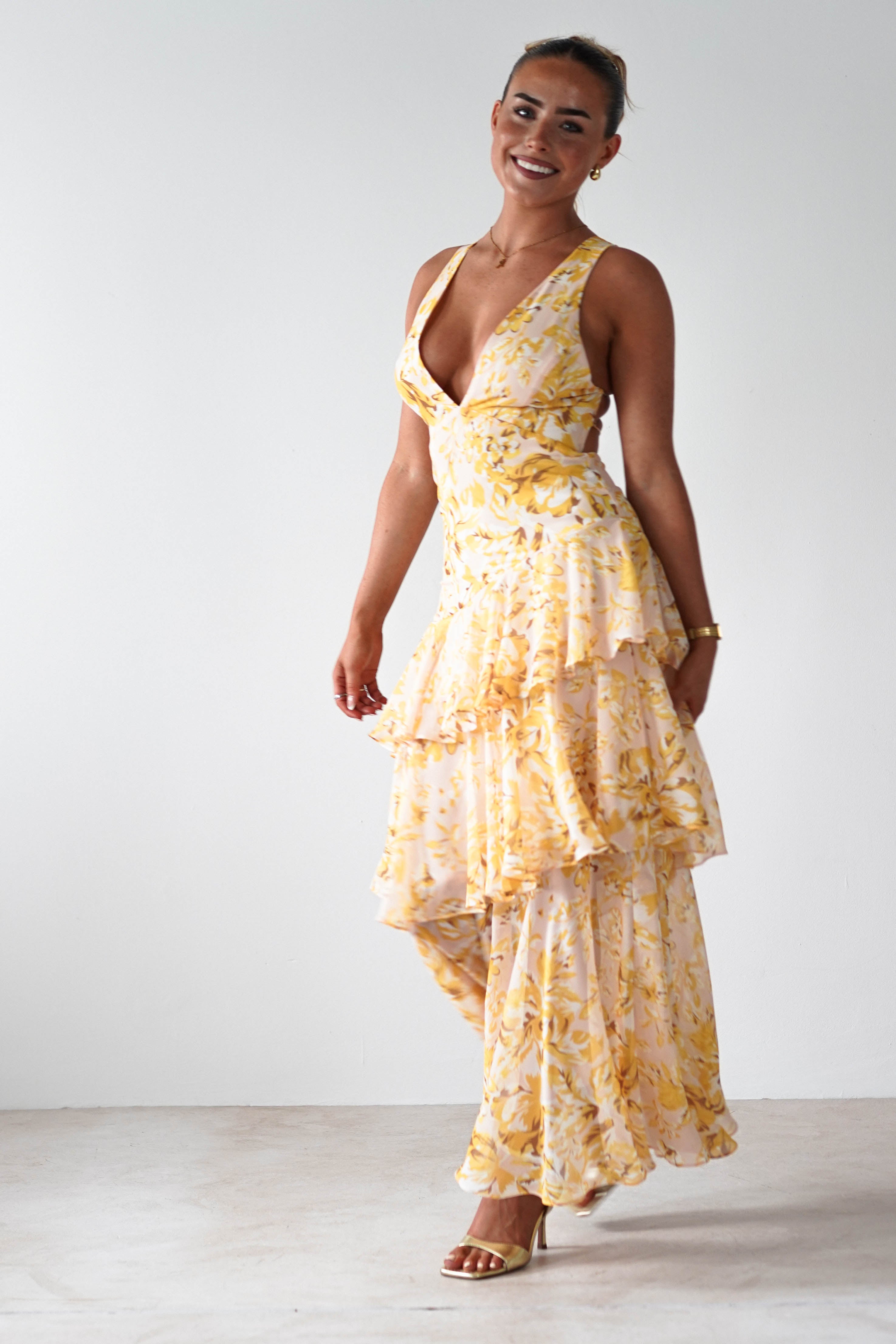 SASHA Wedding Guest Dresses Karlie Floral Print Maxi Dress | Yellow